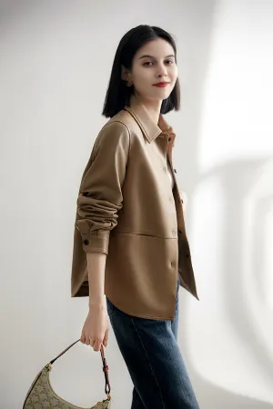 Brown Long Sleeve Button-up Jacket Shirt with Dolphin Hem