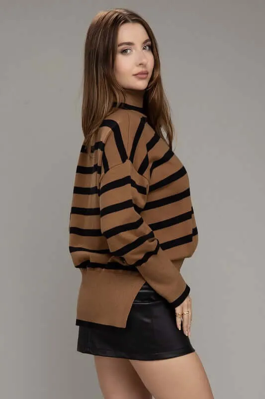 Brown Stripe Turtleneck Knit Top