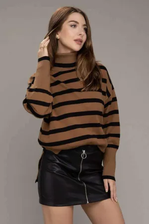 Brown Stripe Turtleneck Knit Top
