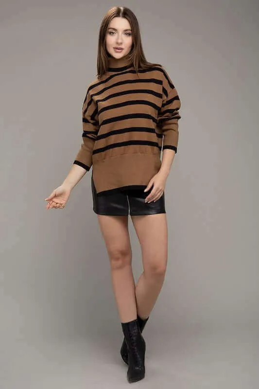 Brown Stripe Turtleneck Knit Top