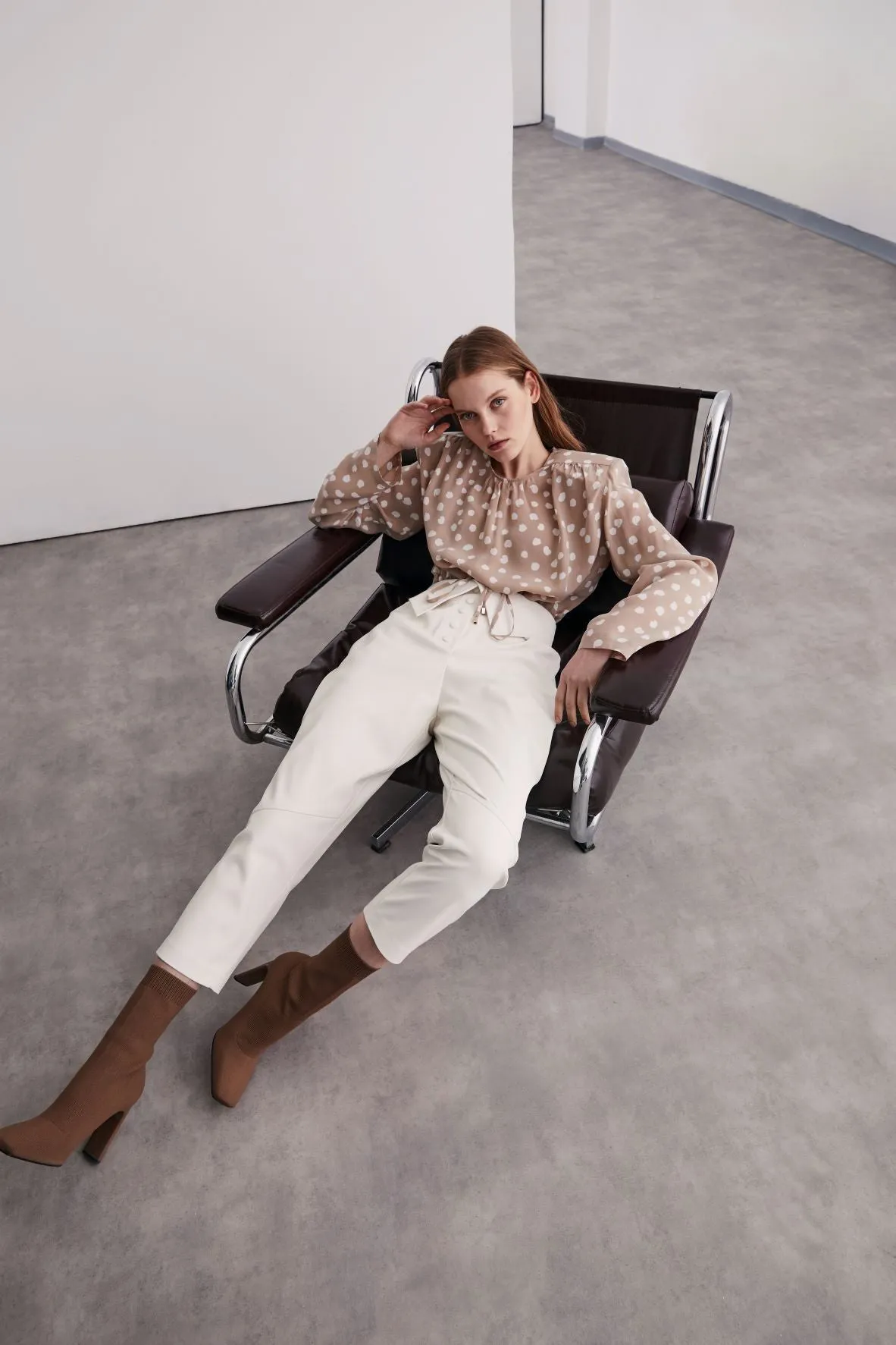 Brown Vegan Leather Waist Detailed Pants