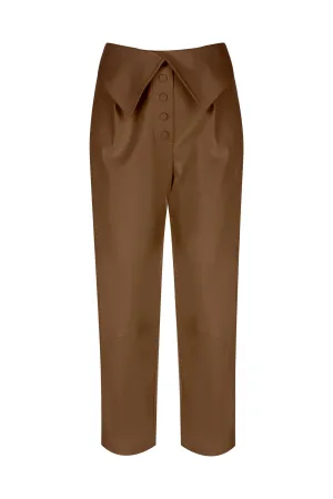 Brown Vegan Leather Waist Detailed Pants