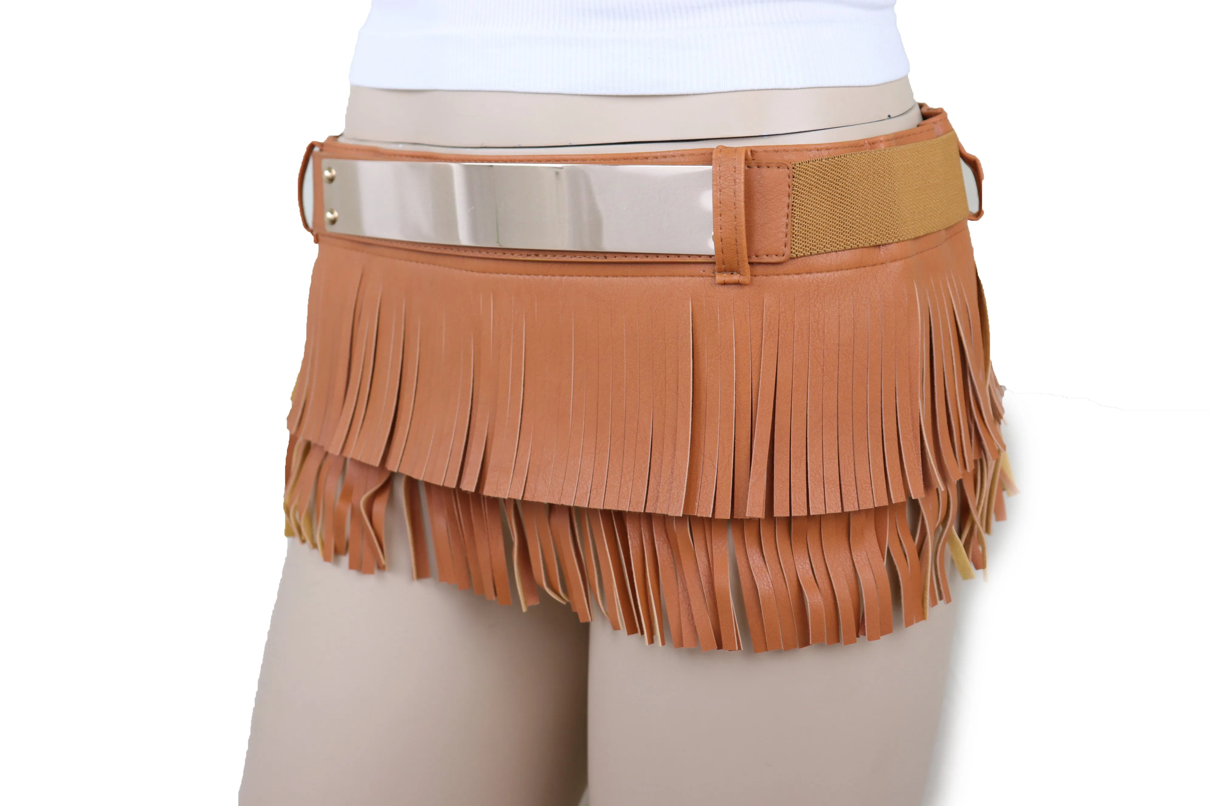 Brown Wide Faux Leather Wrap Around Skirt Tie Fringes Belt Gold Metal S M