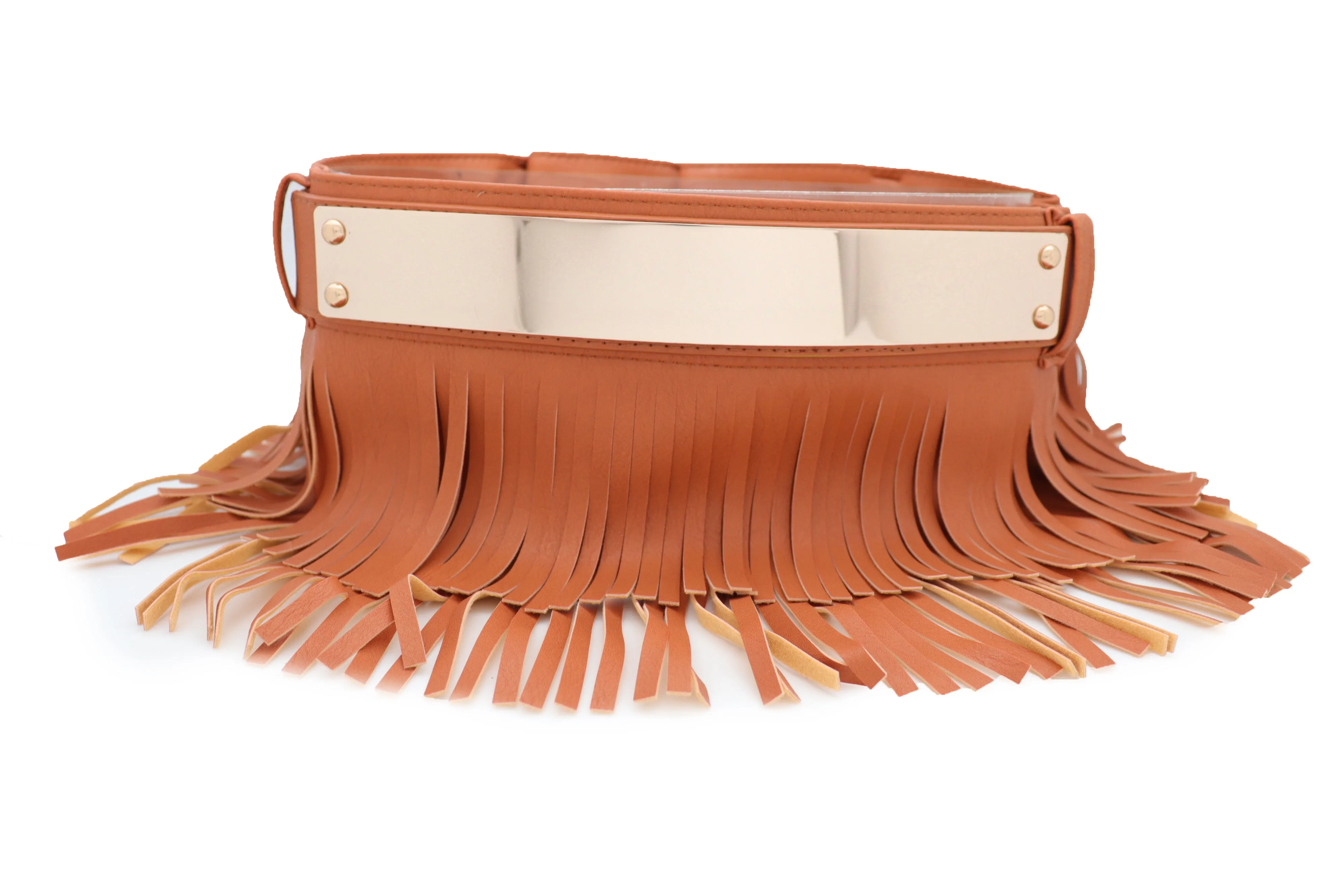 Brown Wide Faux Leather Wrap Around Skirt Tie Fringes Belt Gold Metal S M