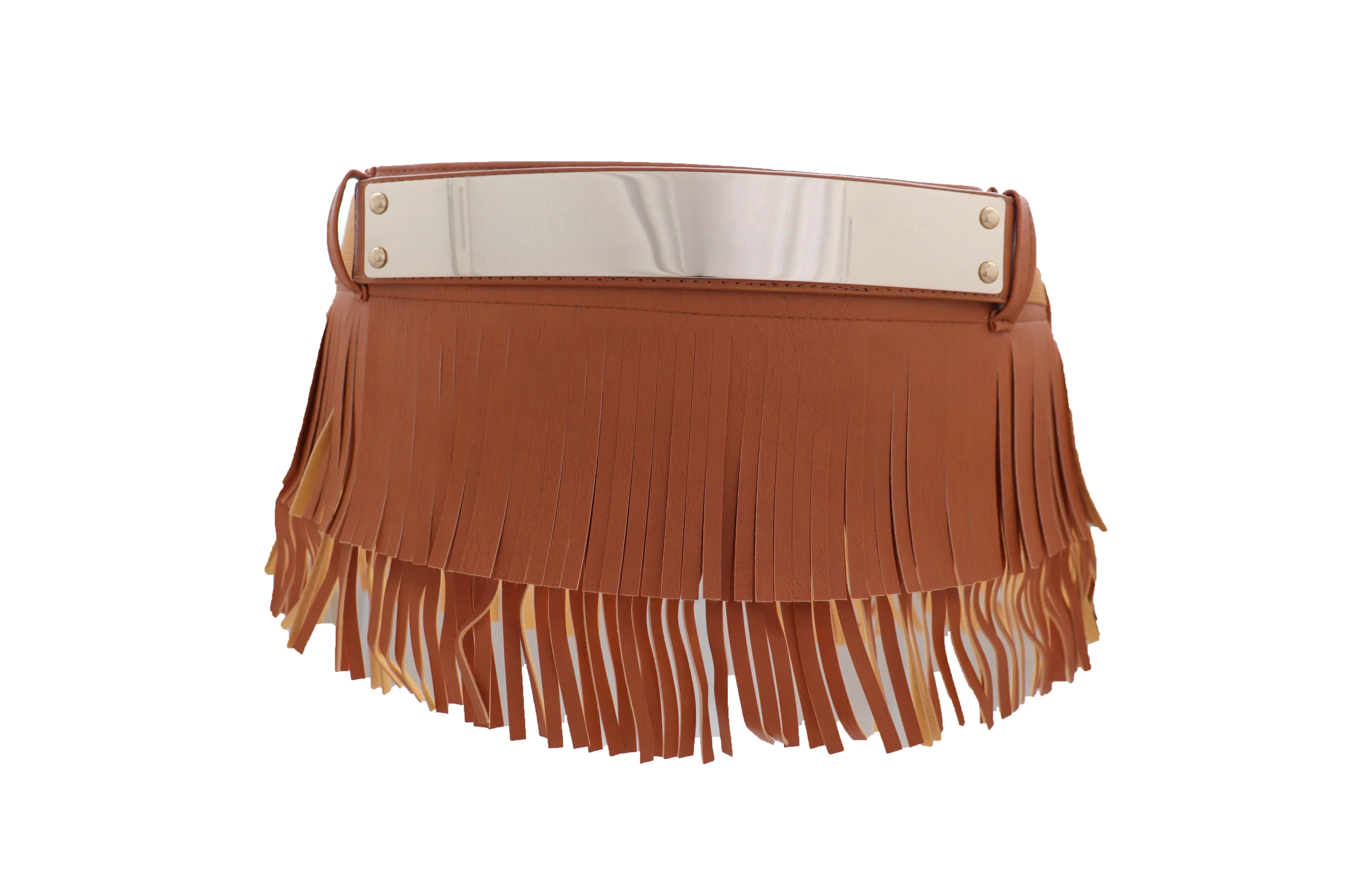 Brown Wide Faux Leather Wrap Around Skirt Tie Fringes Belt Gold Metal S M