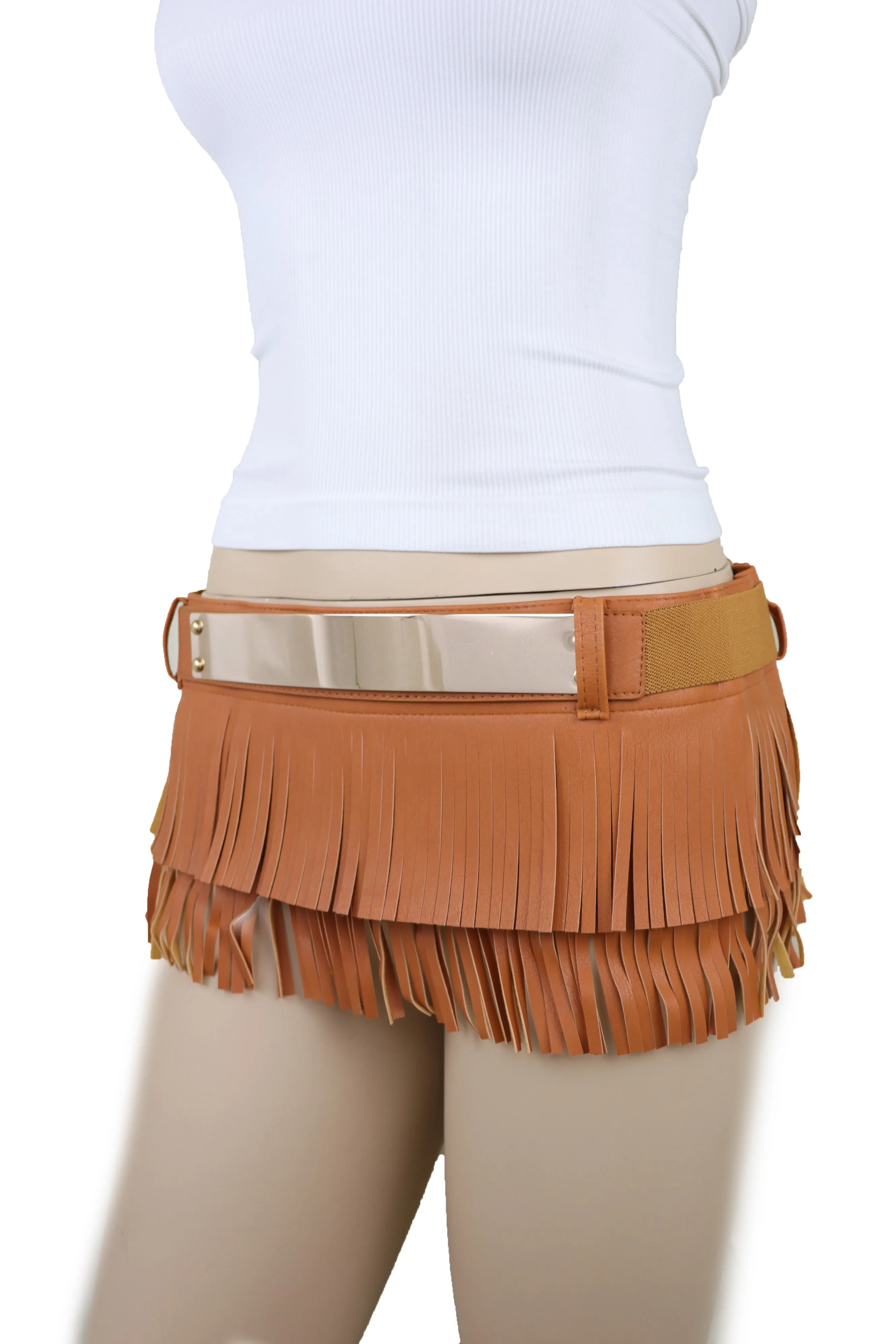 Brown Wide Faux Leather Wrap Around Skirt Tie Fringes Belt Gold Metal S M