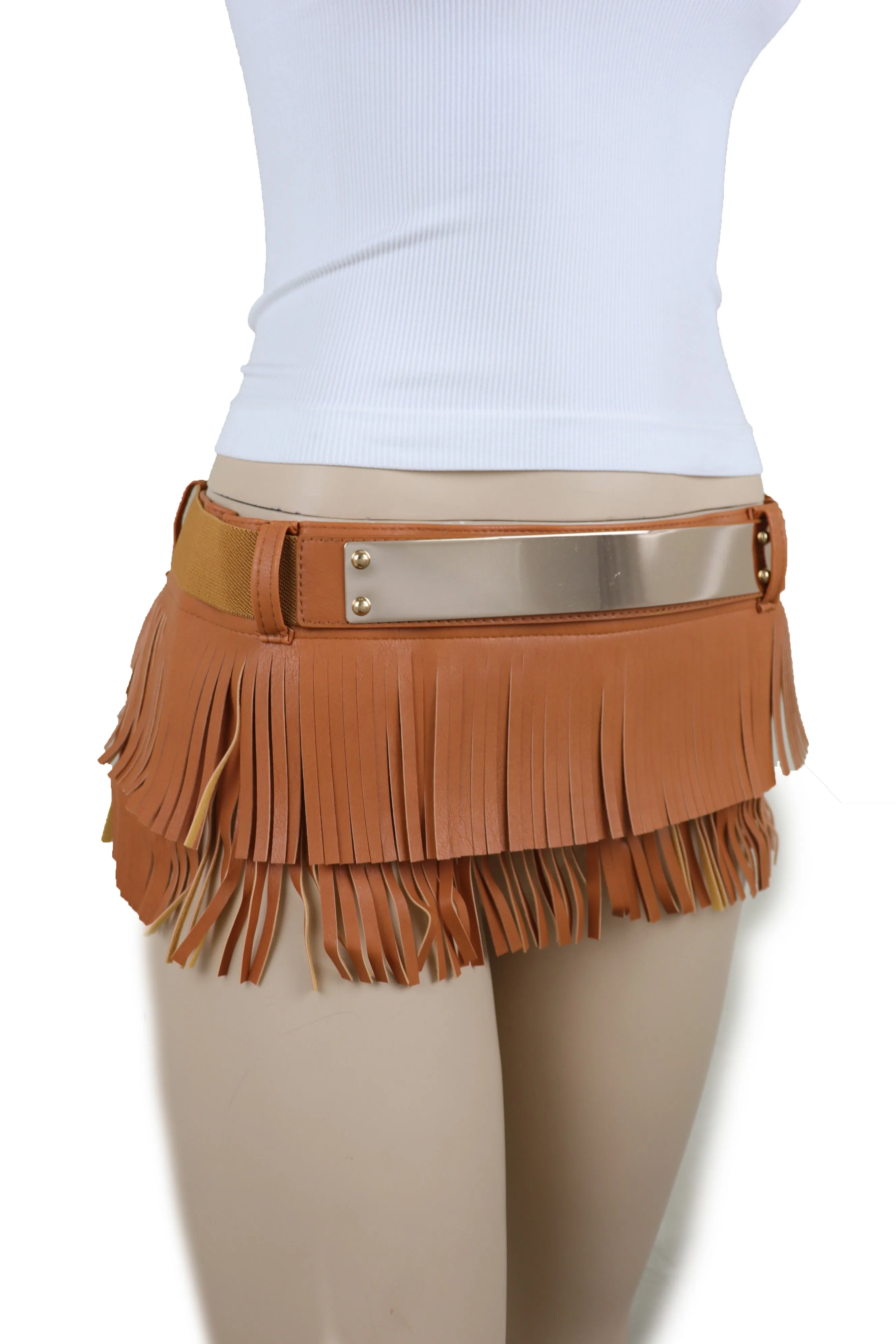 Brown Wide Faux Leather Wrap Around Skirt Tie Fringes Belt Gold Metal S M