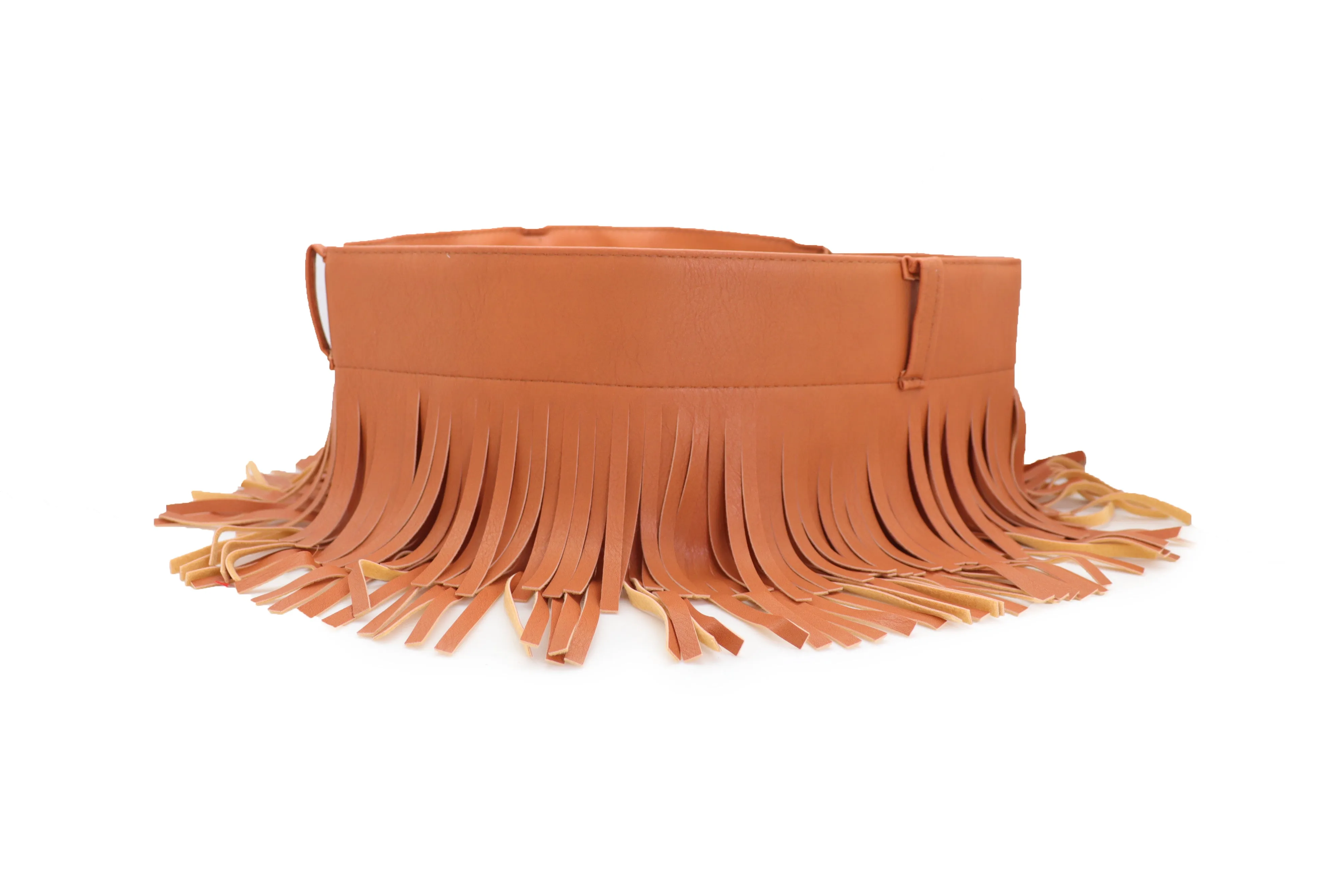 Brown Wide Faux Leather Wrap Around Skirt Tie Fringes Belt Gold Metal S M