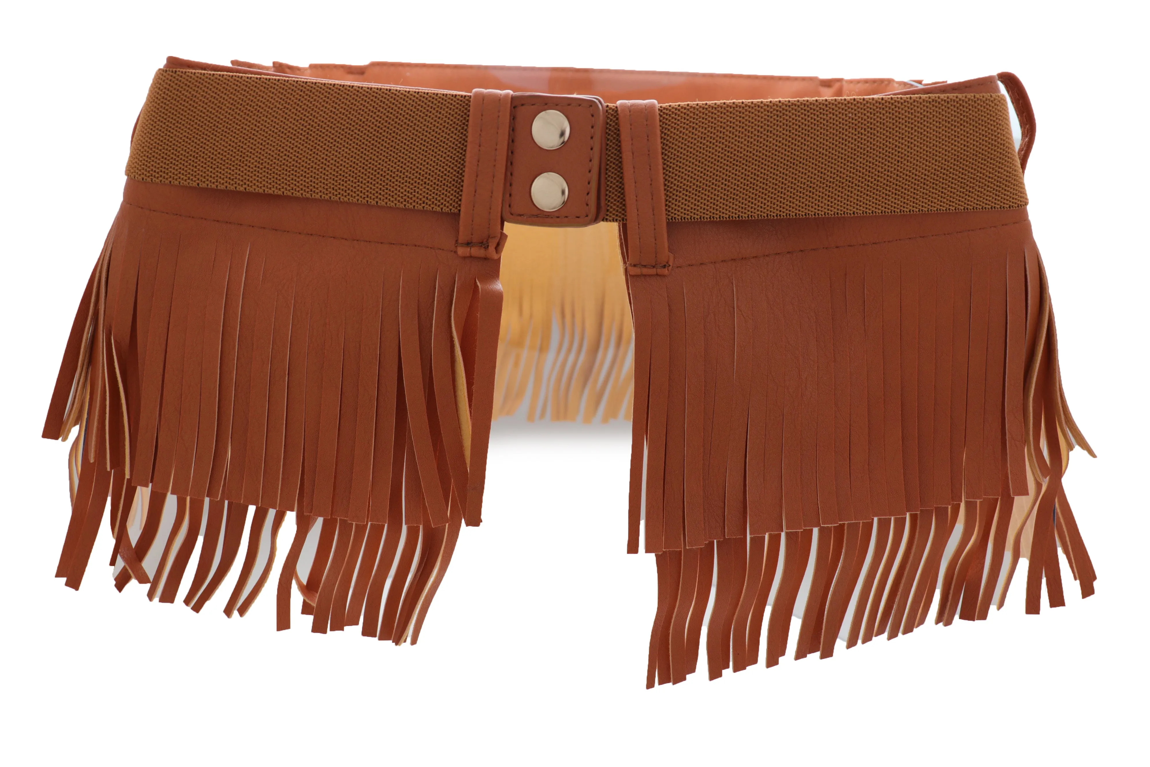 Brown Wide Faux Leather Wrap Around Skirt Tie Fringes Belt Gold Metal S M