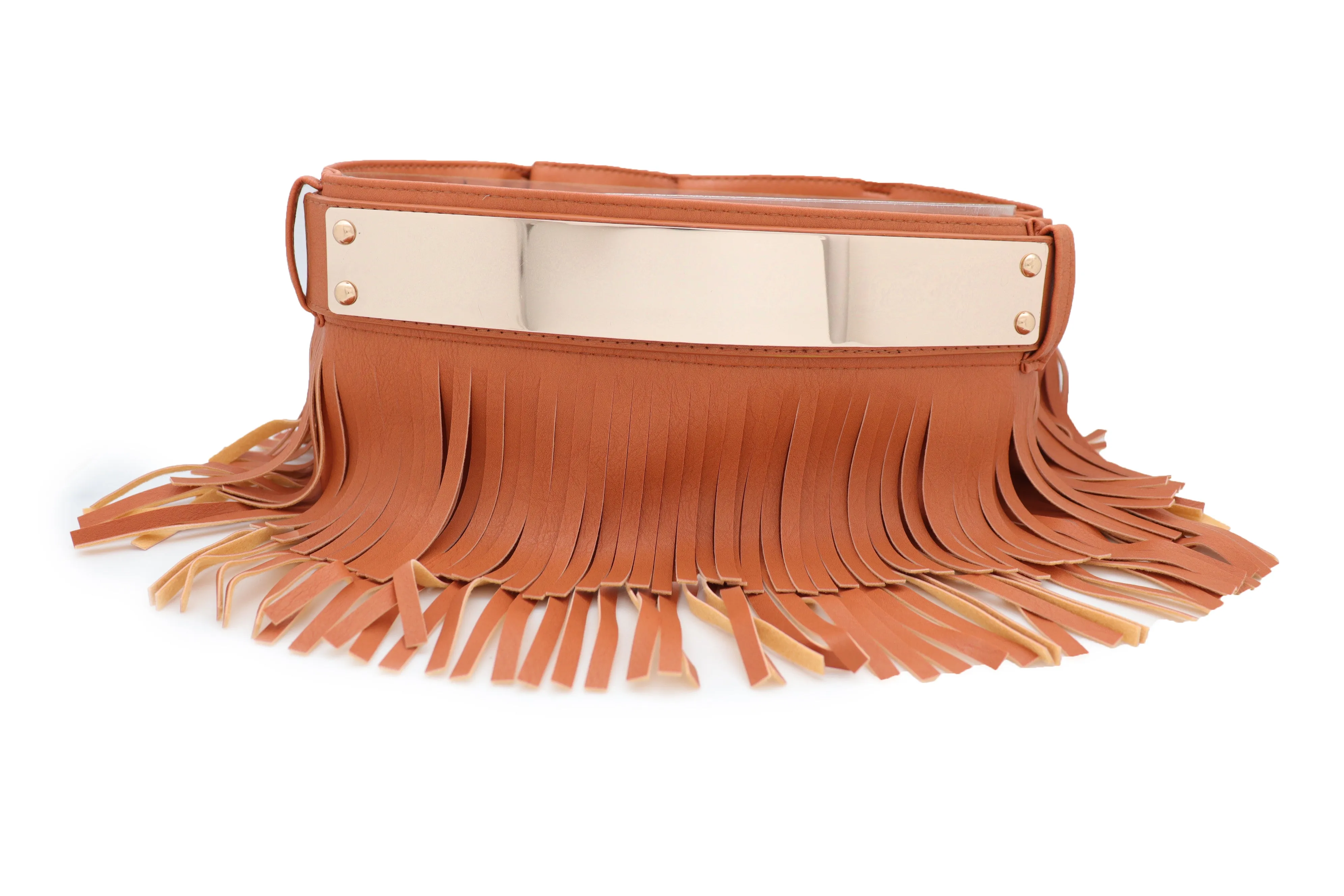 Brown Wide Faux Leather Wrap Around Skirt Tie Fringes Belt Gold Metal S M