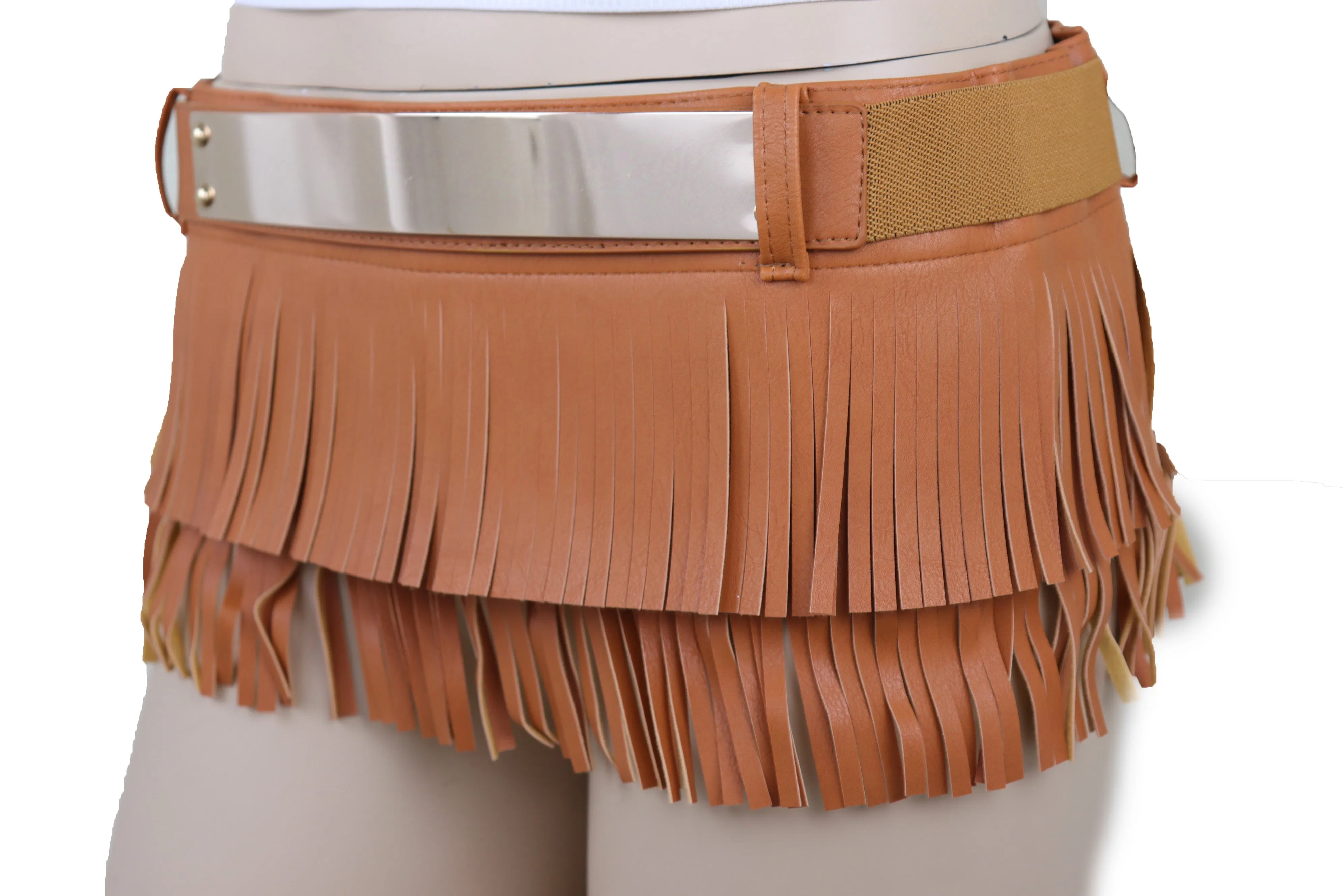 Brown Wide Faux Leather Wrap Around Skirt Tie Fringes Belt Gold Metal S M