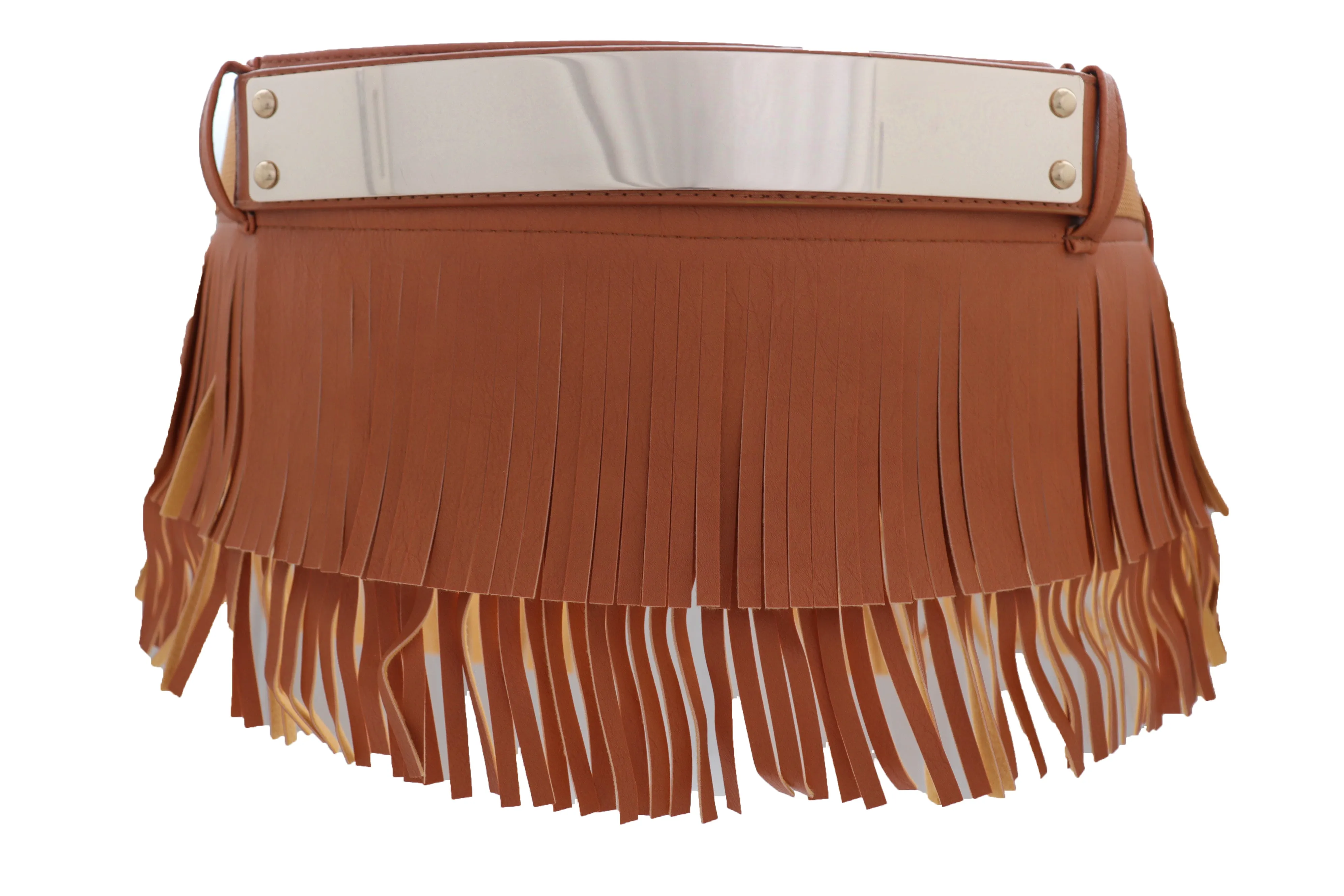 Brown Wide Faux Leather Wrap Around Skirt Tie Fringes Belt Gold Metal S M