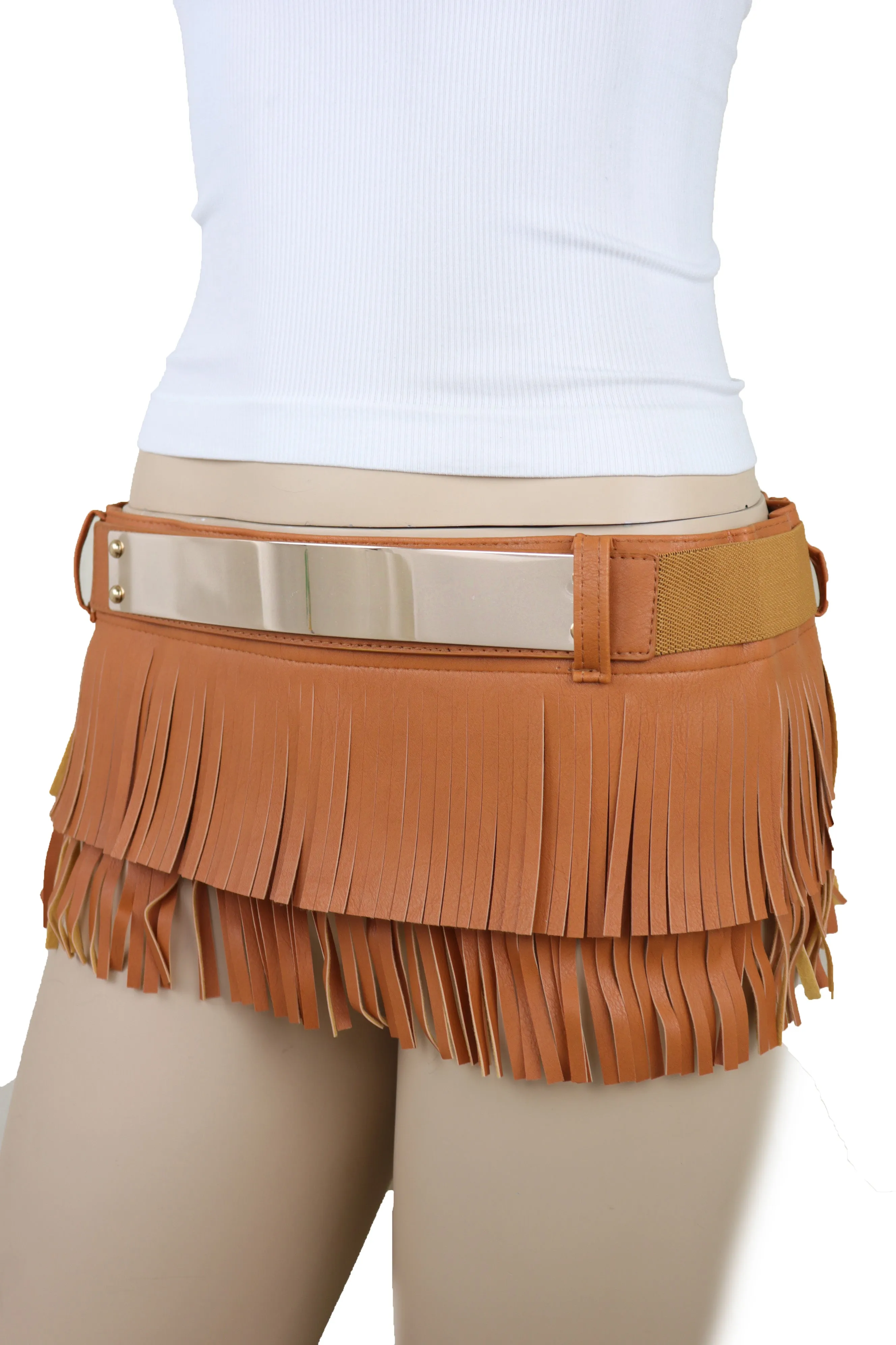 Brown Wide Faux Leather Wrap Around Skirt Tie Fringes Belt Gold Metal S M