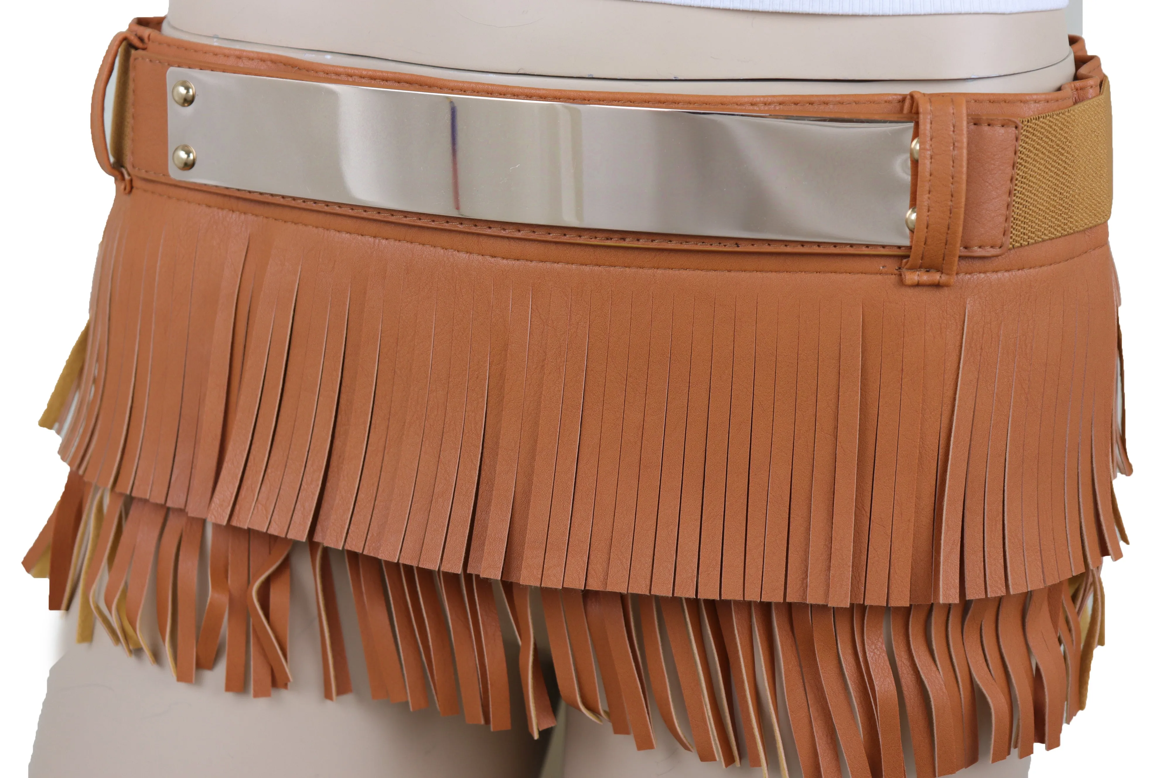 Brown Wide Faux Leather Wrap Around Skirt Tie Fringes Belt Gold Metal S M