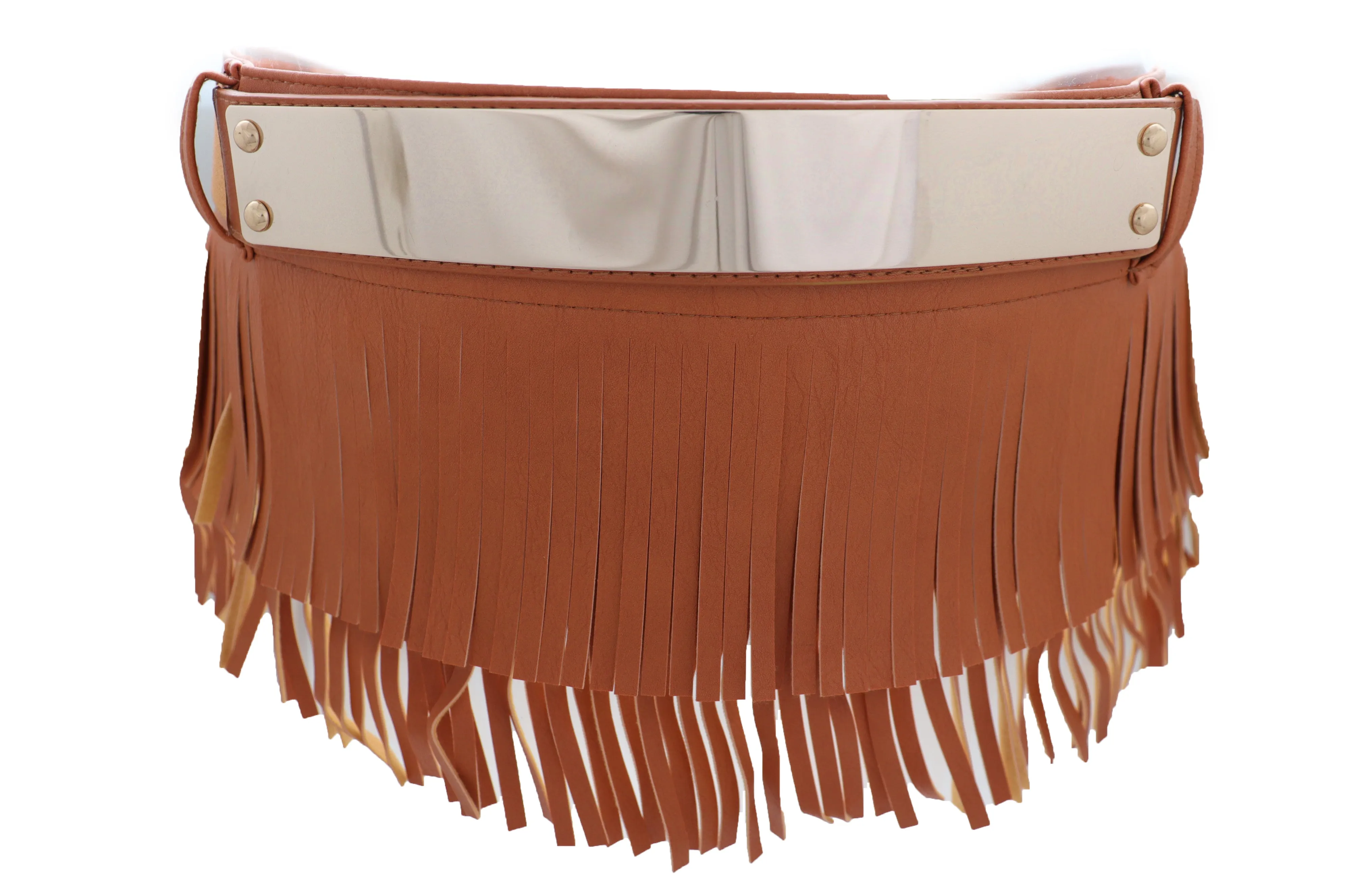 Brown Wide Faux Leather Wrap Around Skirt Tie Fringes Belt Gold Metal S M