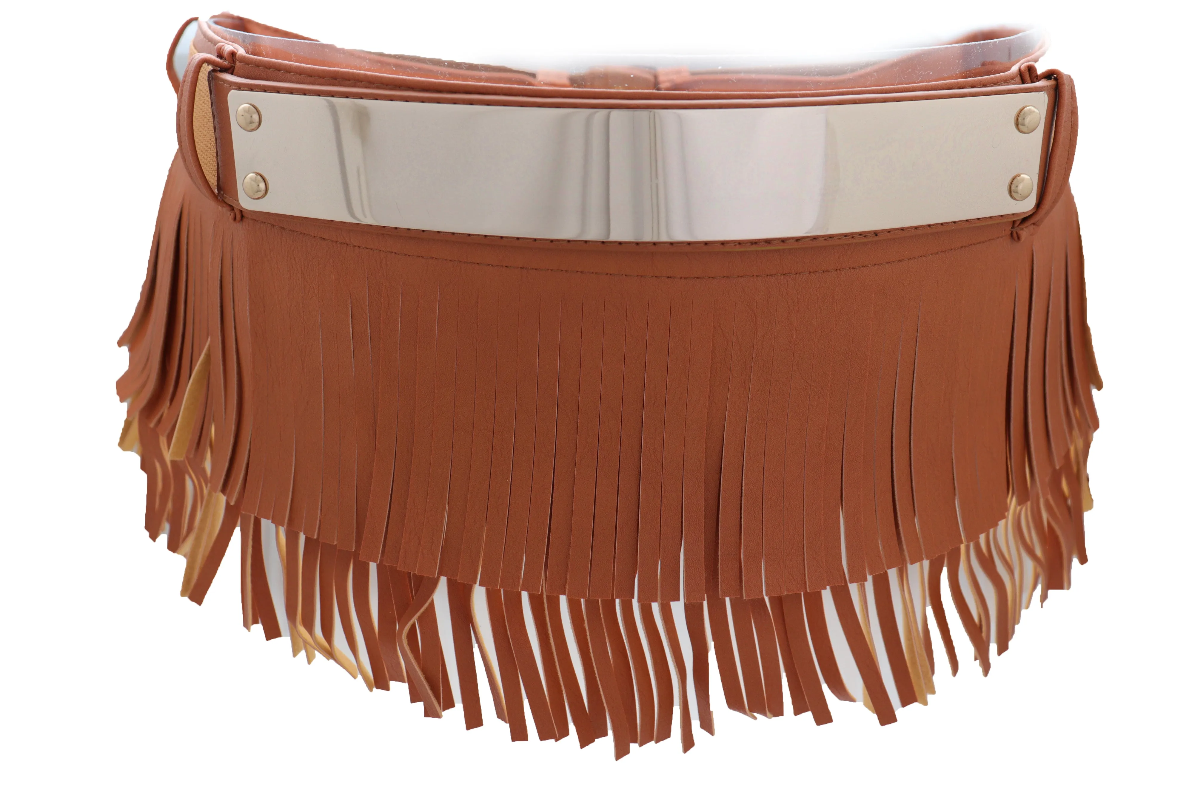 Brown Wide Faux Leather Wrap Around Skirt Tie Fringes Belt Gold Metal S M
