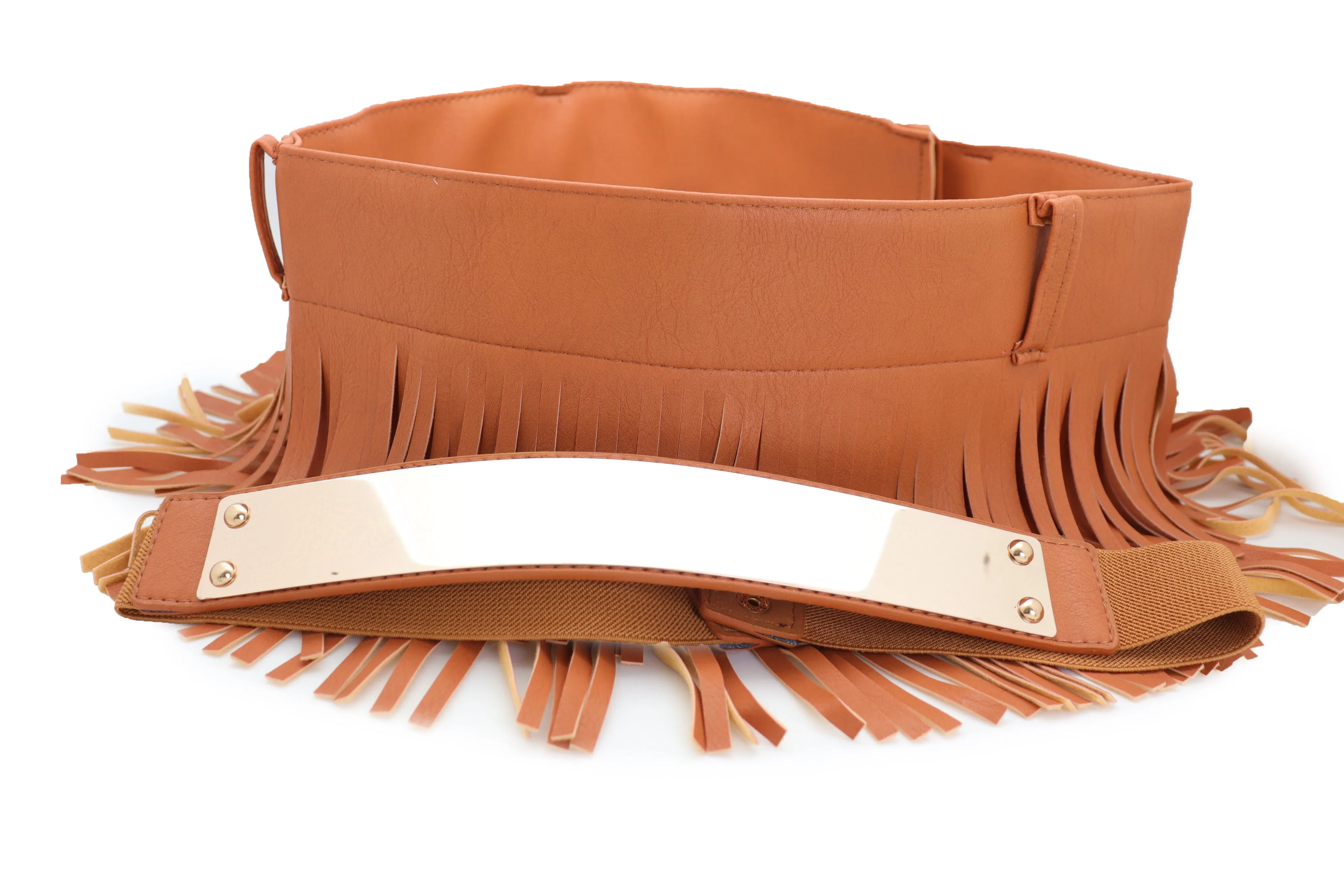 Brown Wide Faux Leather Wrap Around Skirt Tie Fringes Belt Gold Metal S M