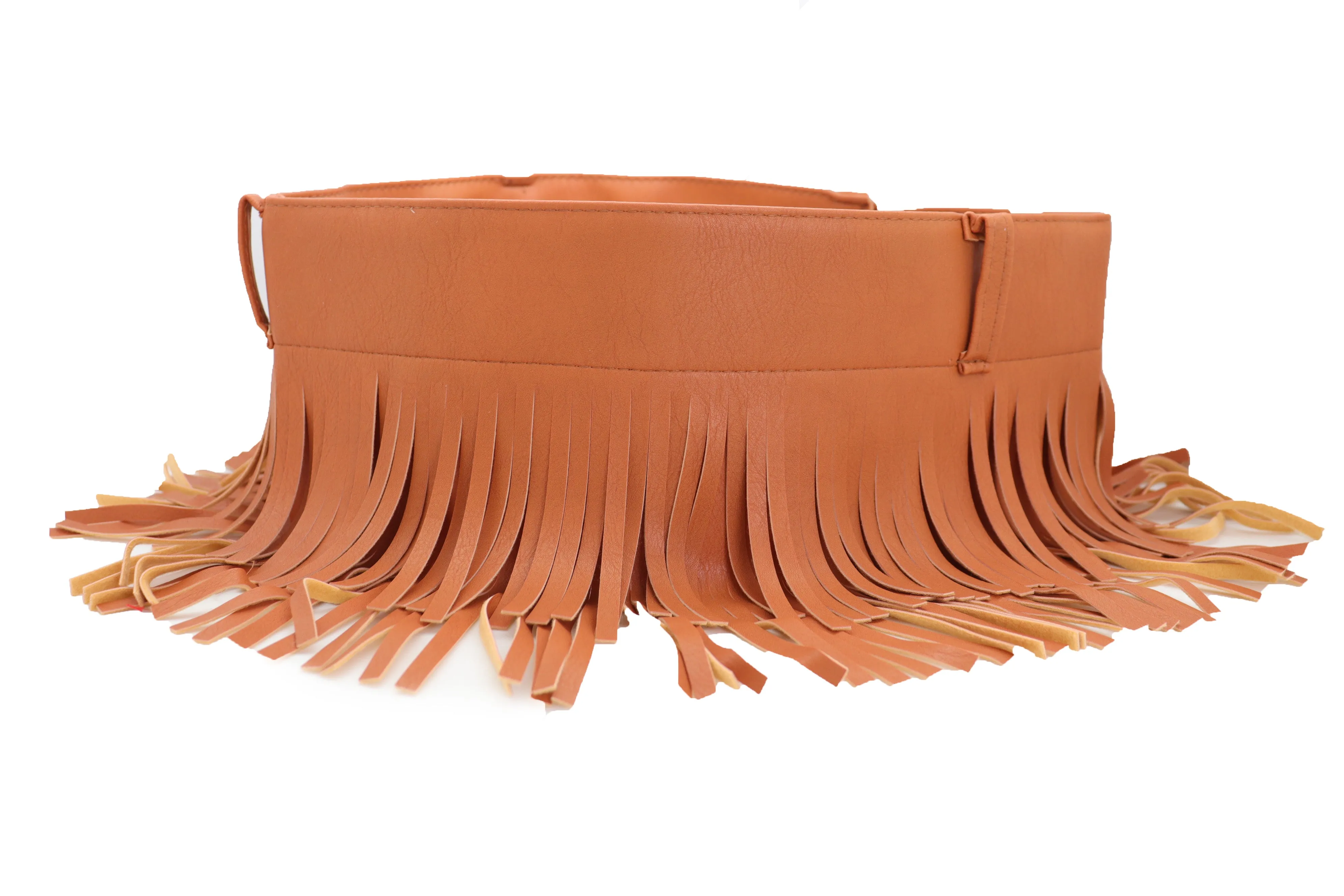 Brown Wide Faux Leather Wrap Around Skirt Tie Fringes Belt Gold Metal S M