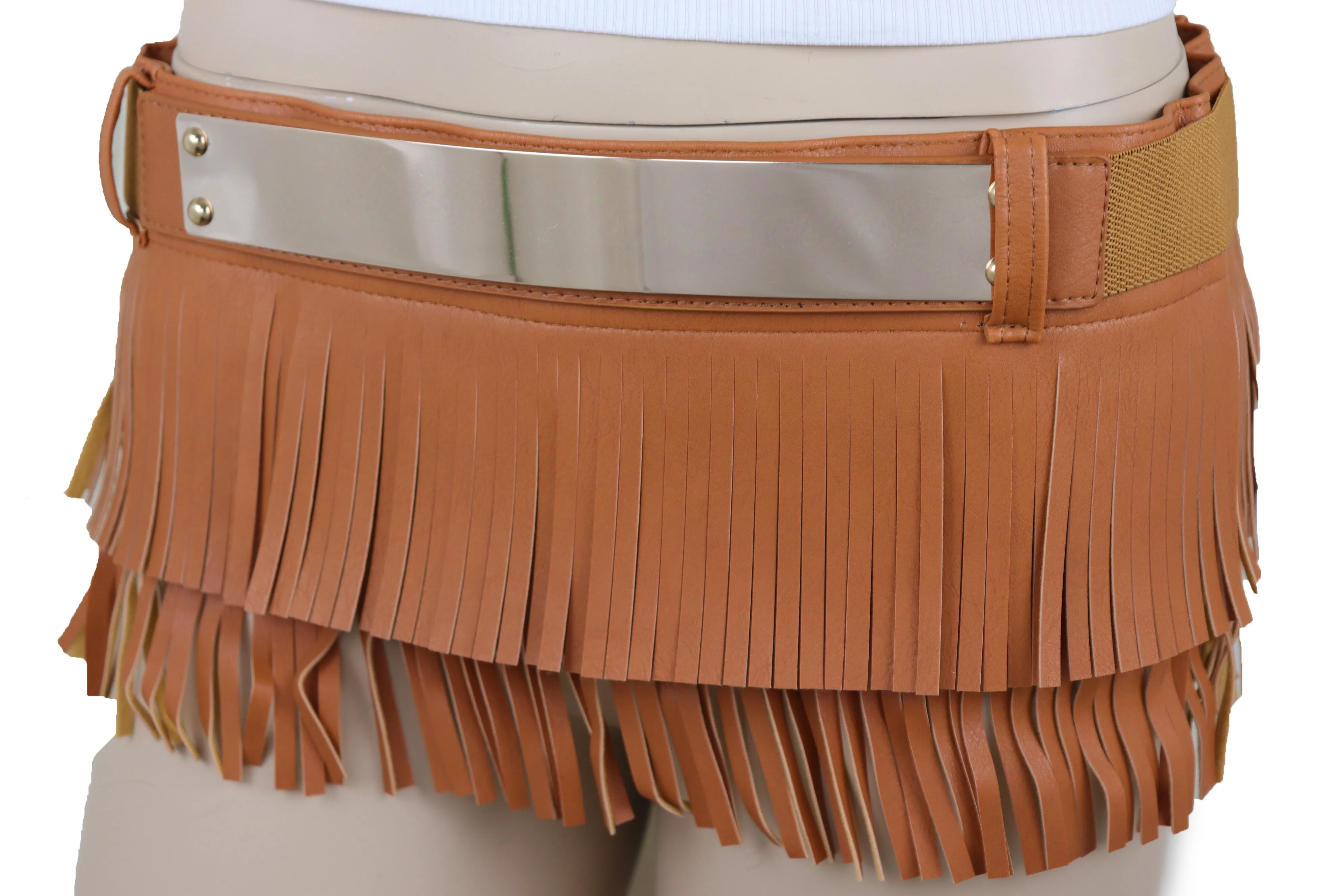 Brown Wide Faux Leather Wrap Around Skirt Tie Fringes Belt Gold Metal S M