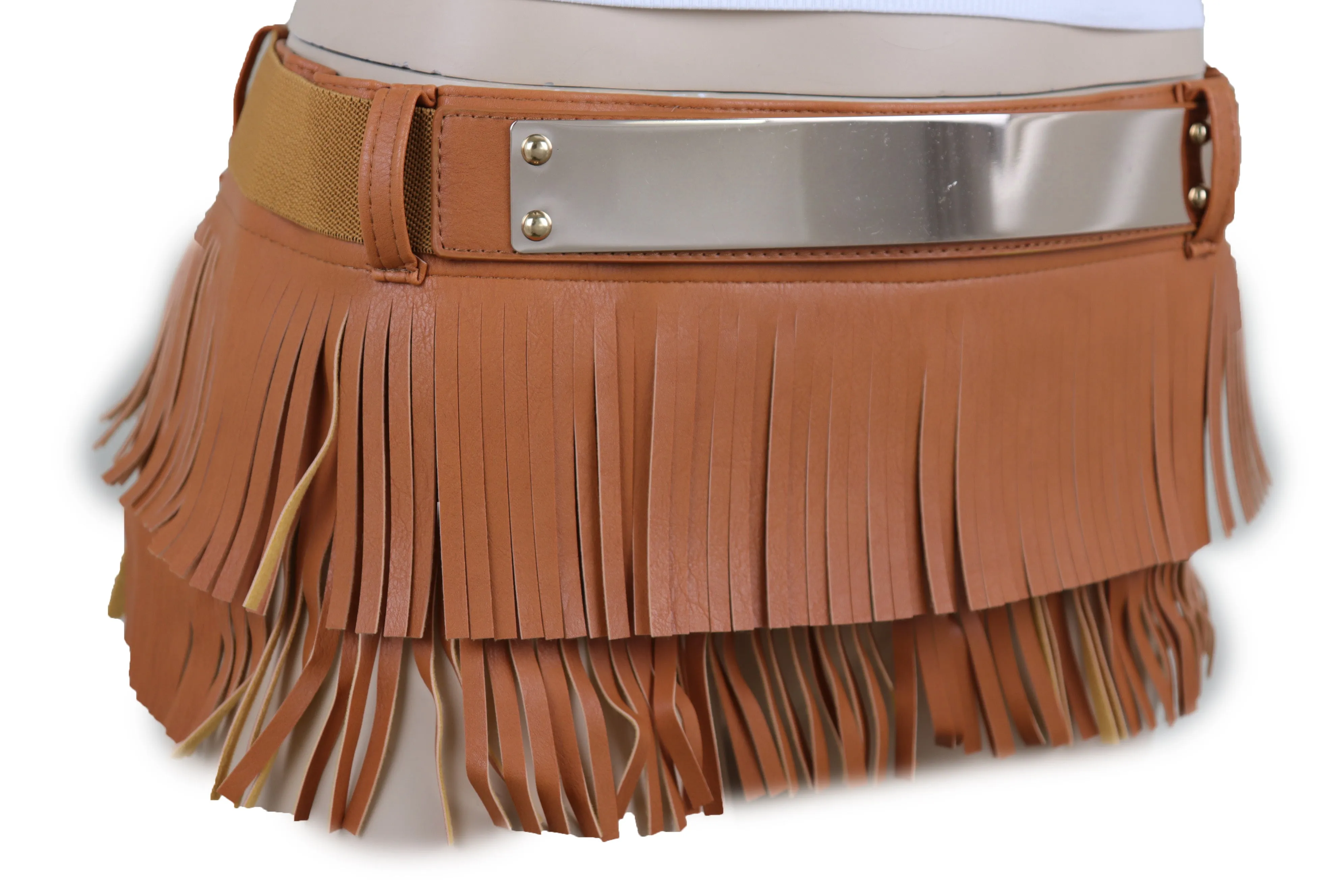 Brown Wide Faux Leather Wrap Around Skirt Tie Fringes Belt Gold Metal S M