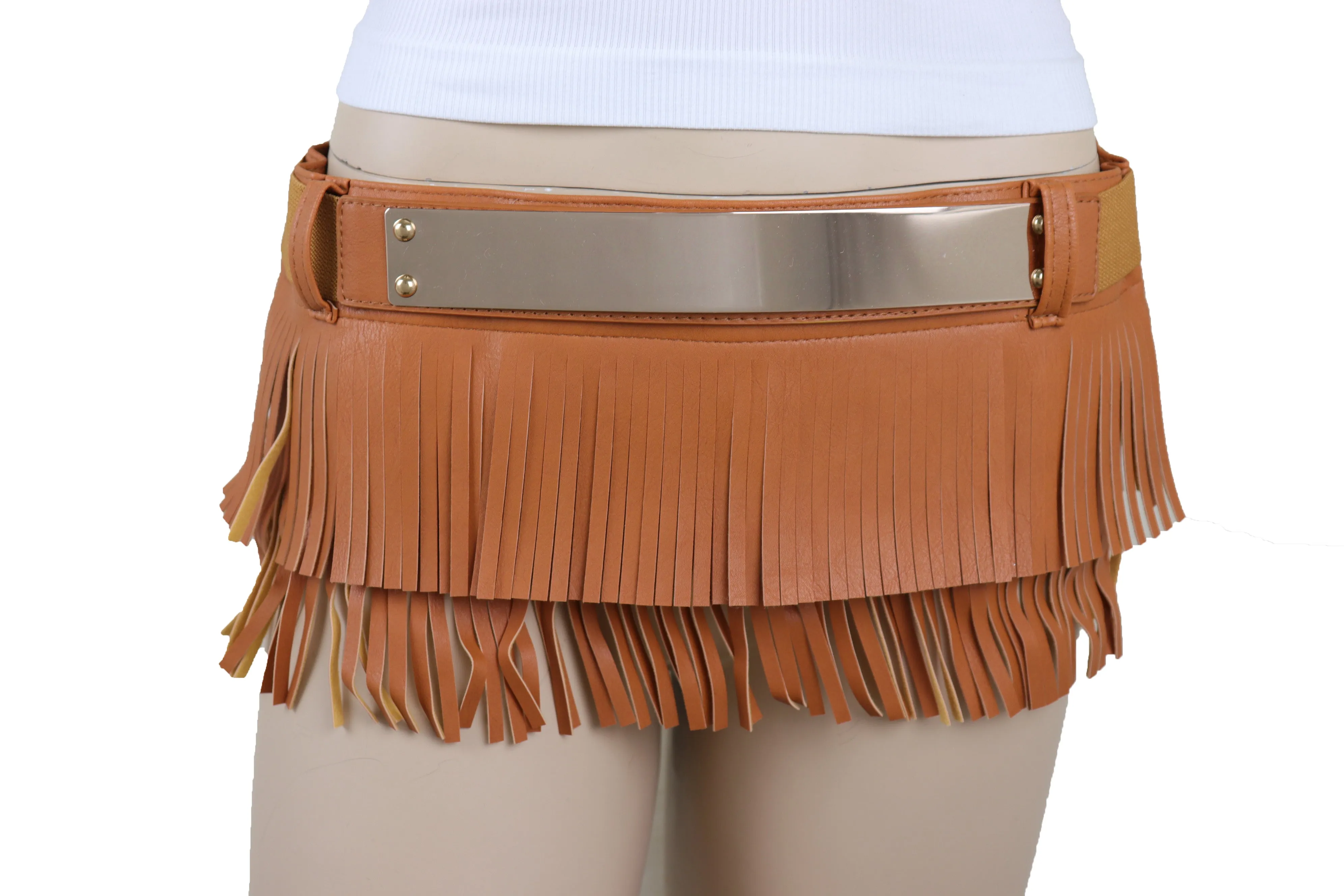 Brown Wide Faux Leather Wrap Around Skirt Tie Fringes Belt Gold Metal S M