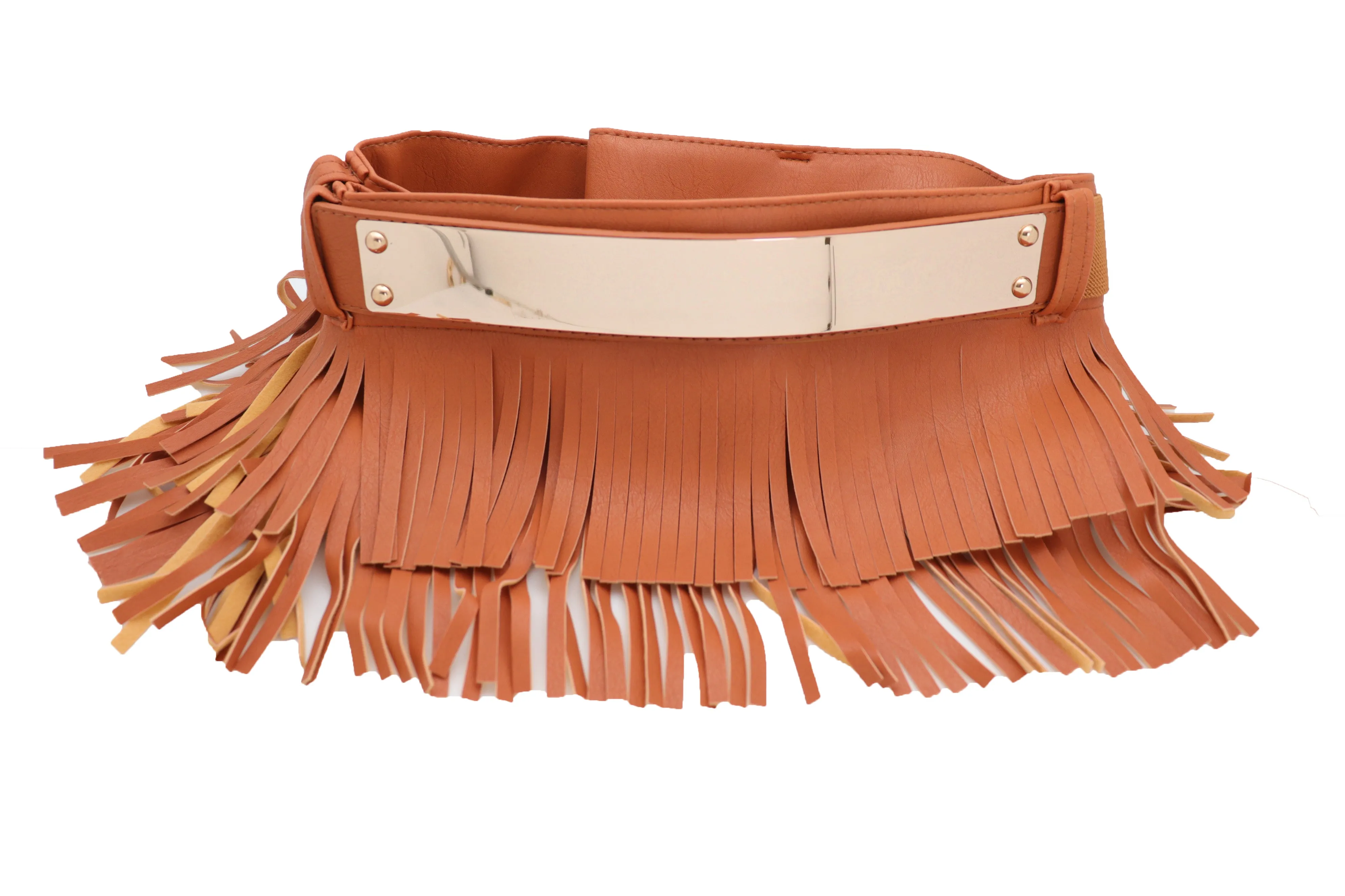 Brown Wide Faux Leather Wrap Around Skirt Tie Fringes Belt Gold Metal S M