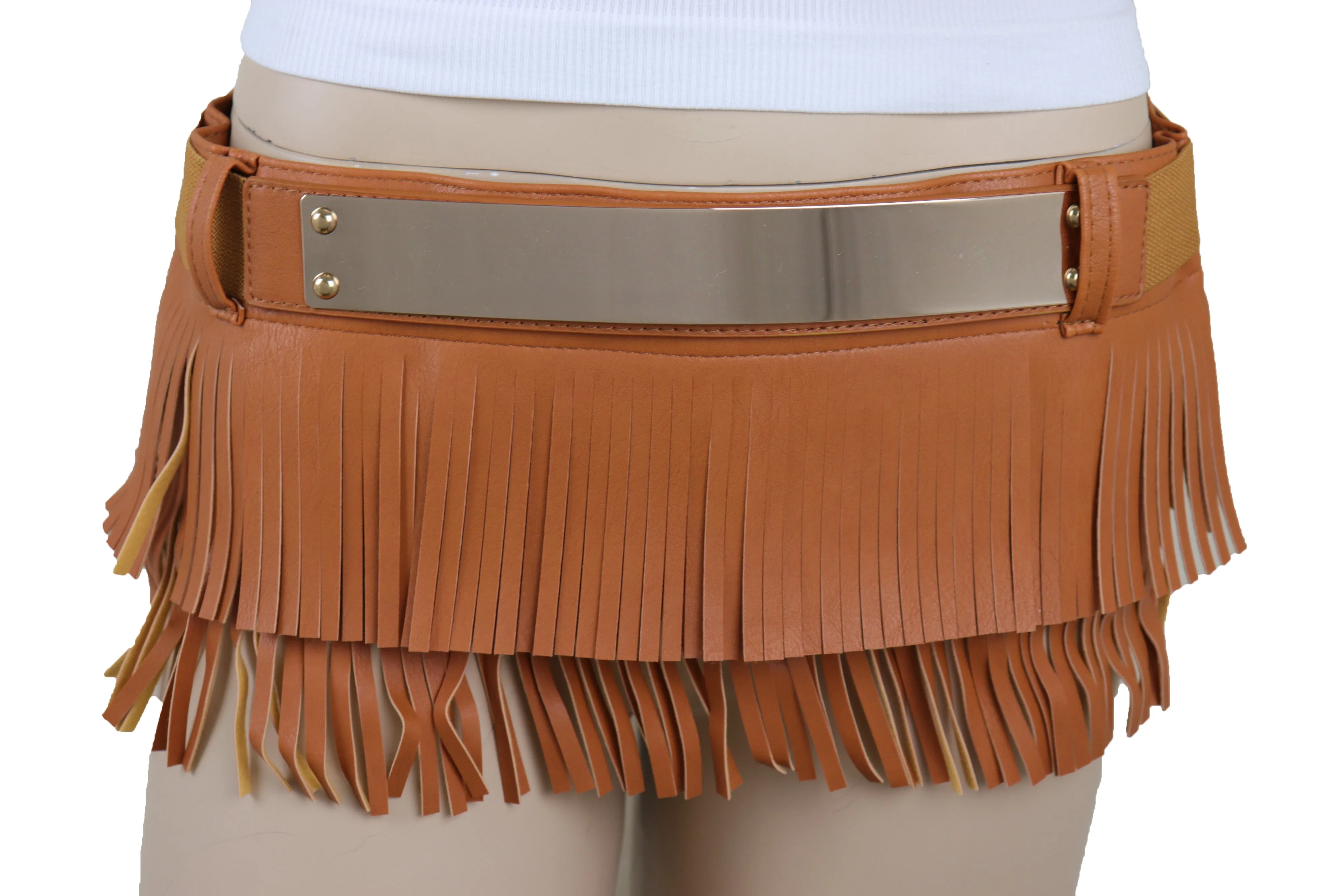 Brown Wide Faux Leather Wrap Around Skirt Tie Fringes Belt Gold Metal S M