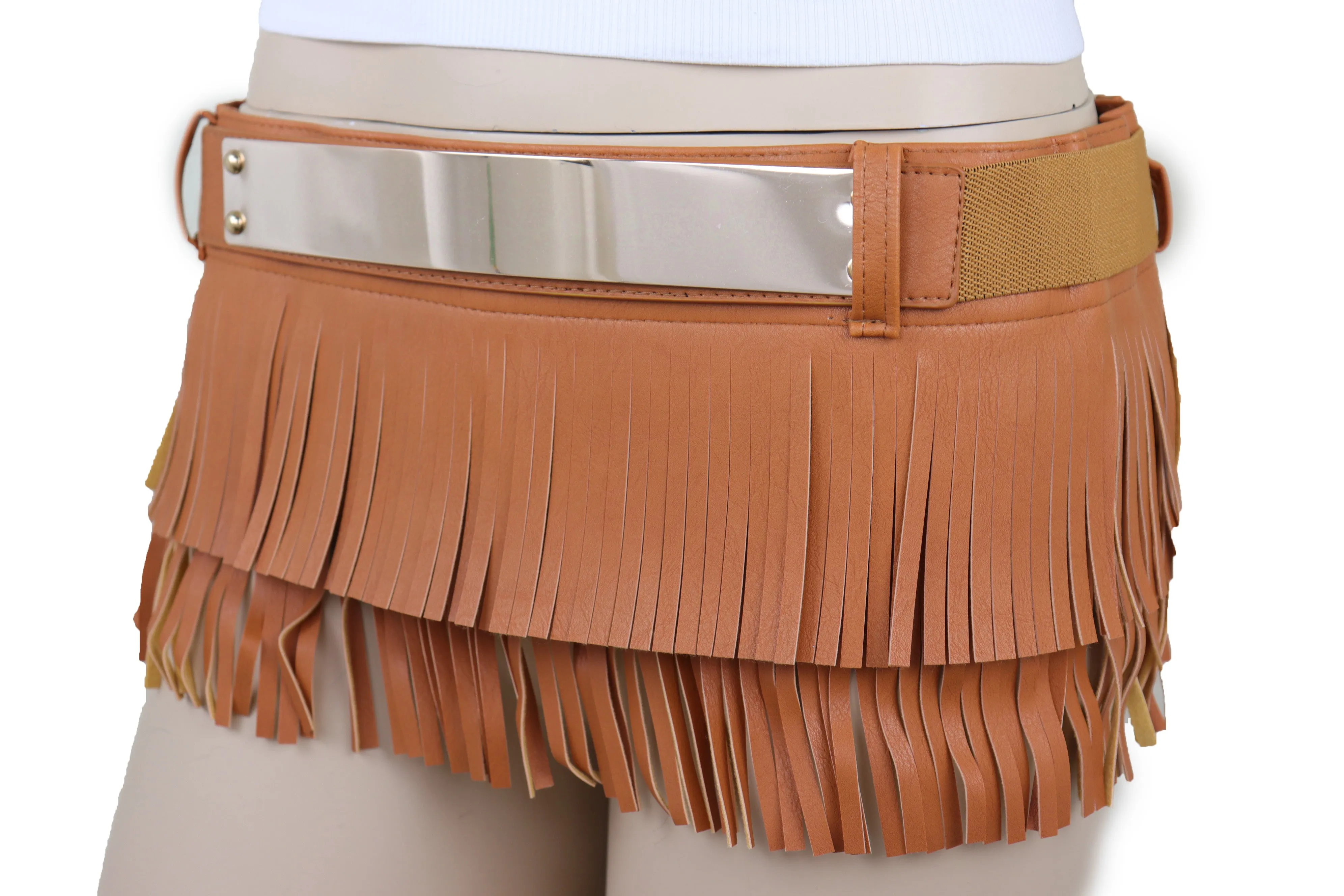 Brown Wide Faux Leather Wrap Around Skirt Tie Fringes Belt Gold Metal S M