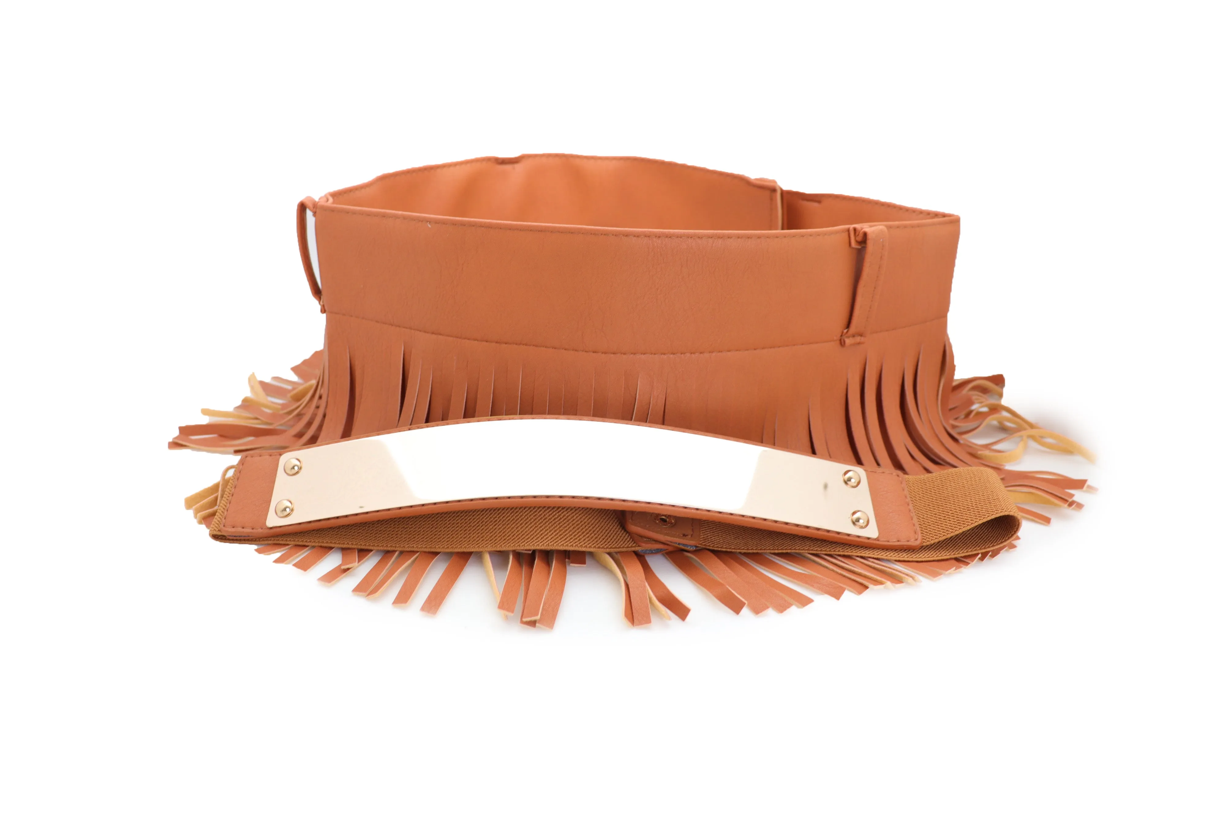 Brown Wide Faux Leather Wrap Around Skirt Tie Fringes Belt Gold Metal S M