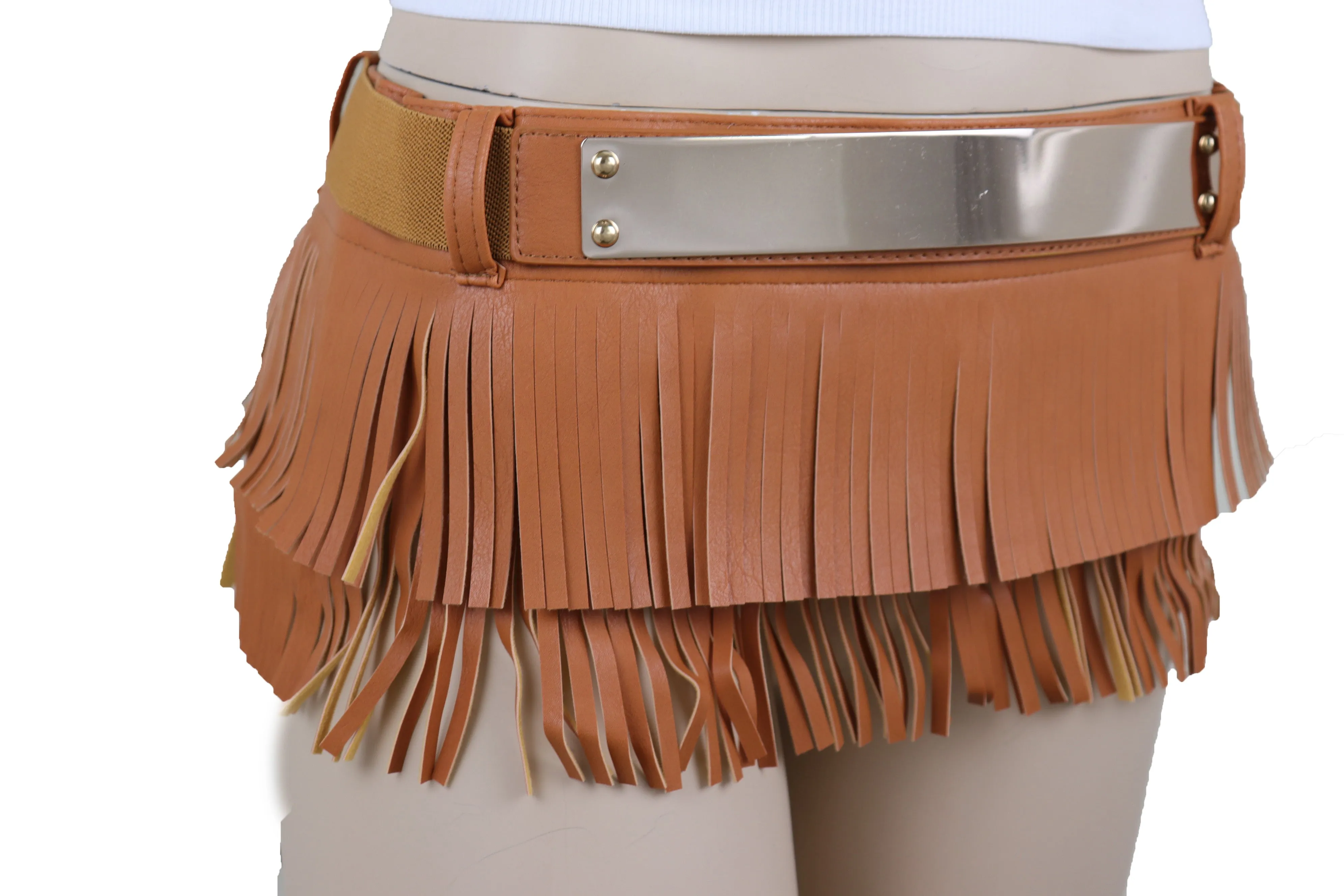 Brown Wide Faux Leather Wrap Around Skirt Tie Fringes Belt Gold Metal S M