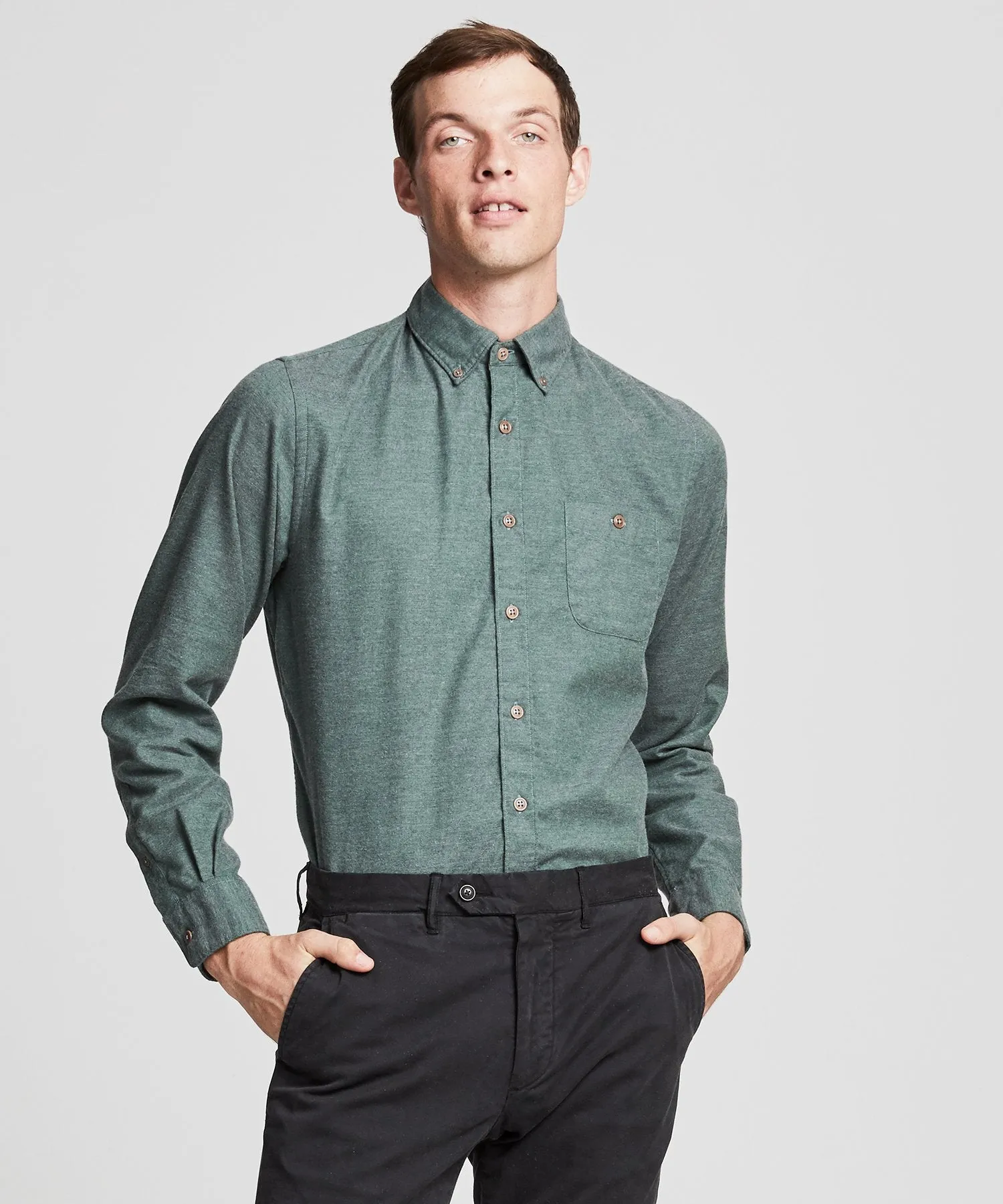 Brushed Cotton Cashmere Twill Shirt in Olive