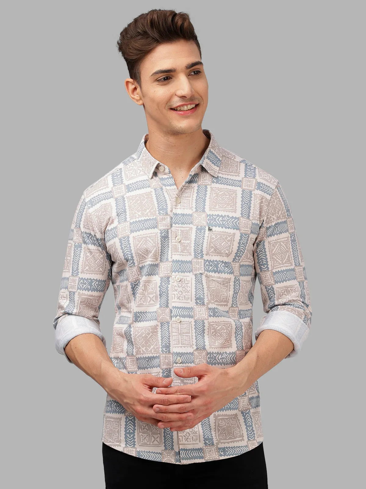 BULLMER Trendy Blue Regular Fit Printed Causal Full sleeve Shirt For Men.