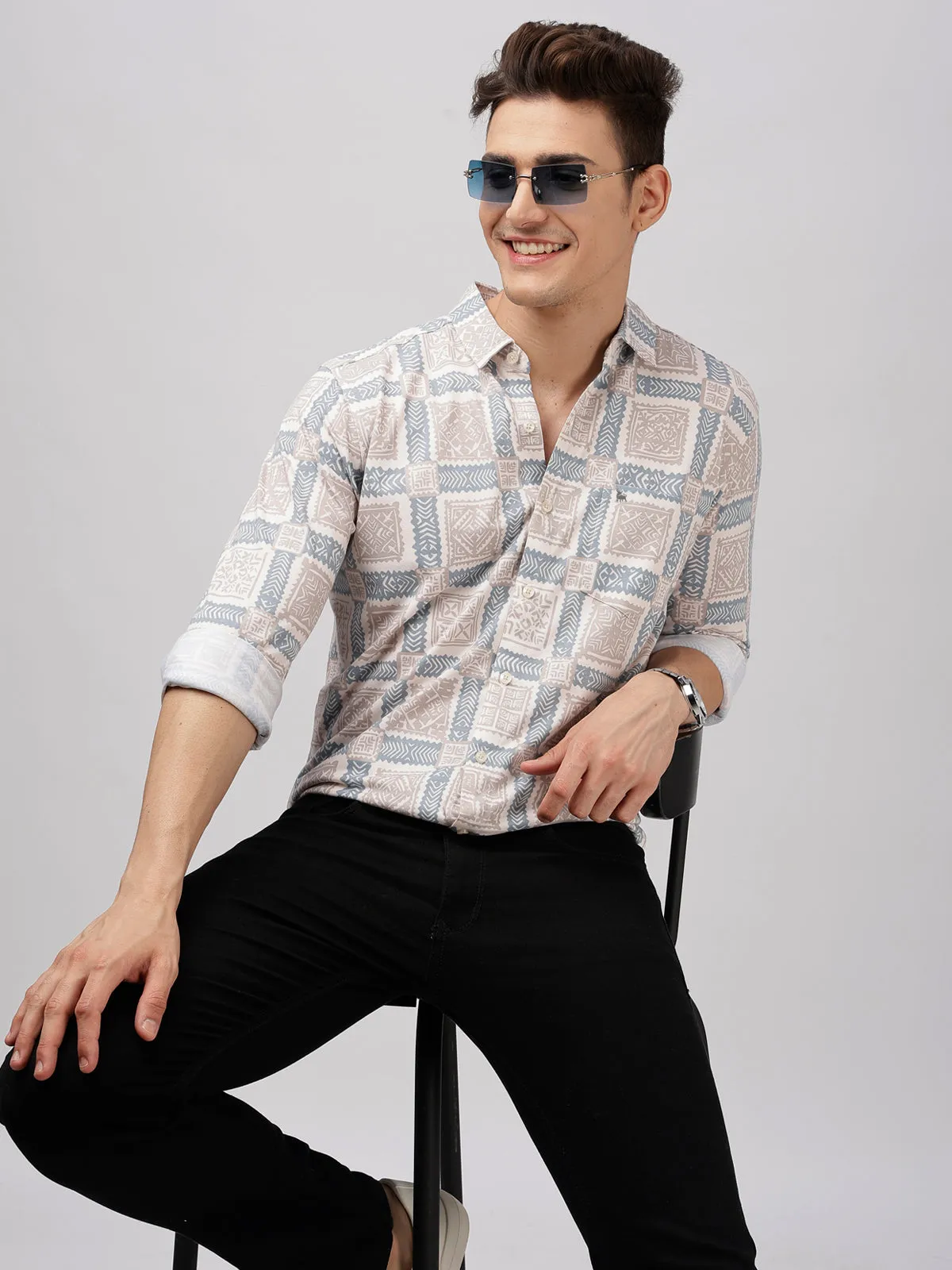 BULLMER Trendy Blue Regular Fit Printed Causal Full sleeve Shirt For Men.