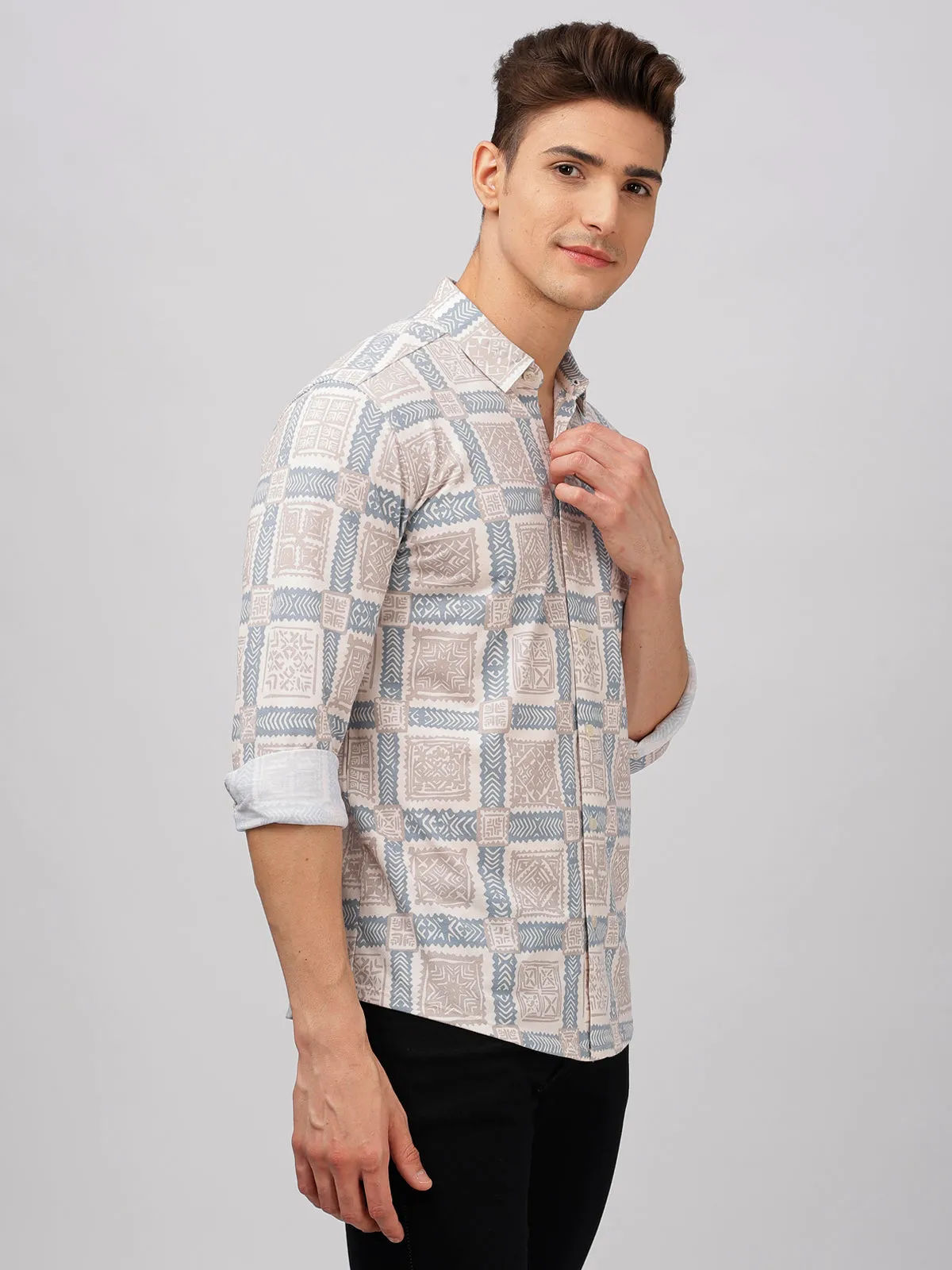 BULLMER Trendy Blue Regular Fit Printed Causal Full sleeve Shirt For Men.