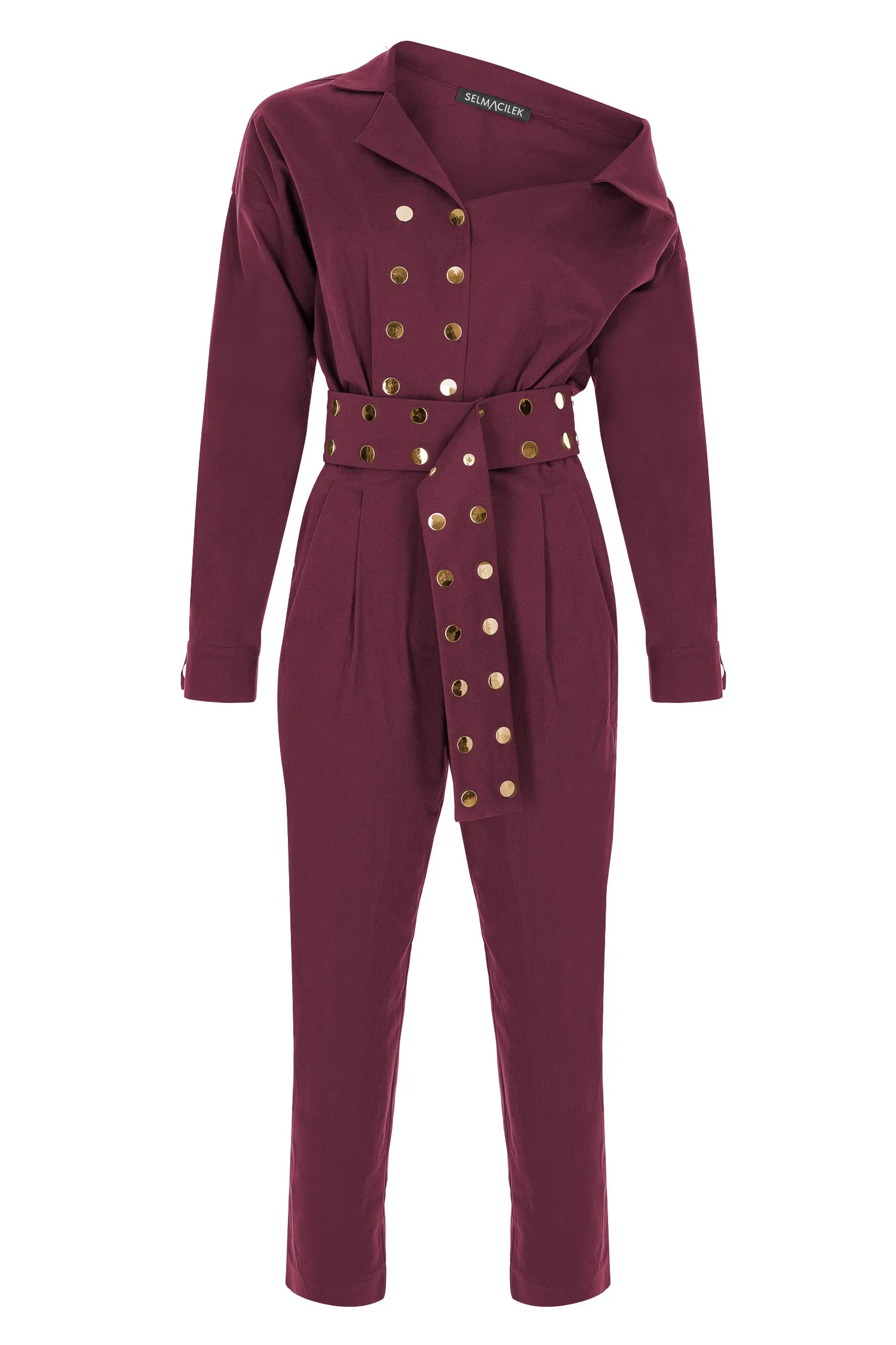 Burgundy Asymmetric-Neck, Long-Sleeved, Belt-Detailed Canvas Jumpsuit