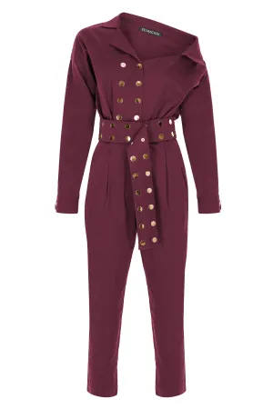 Burgundy Asymmetric-Neck, Long-Sleeved, Belt-Detailed Canvas Jumpsuit