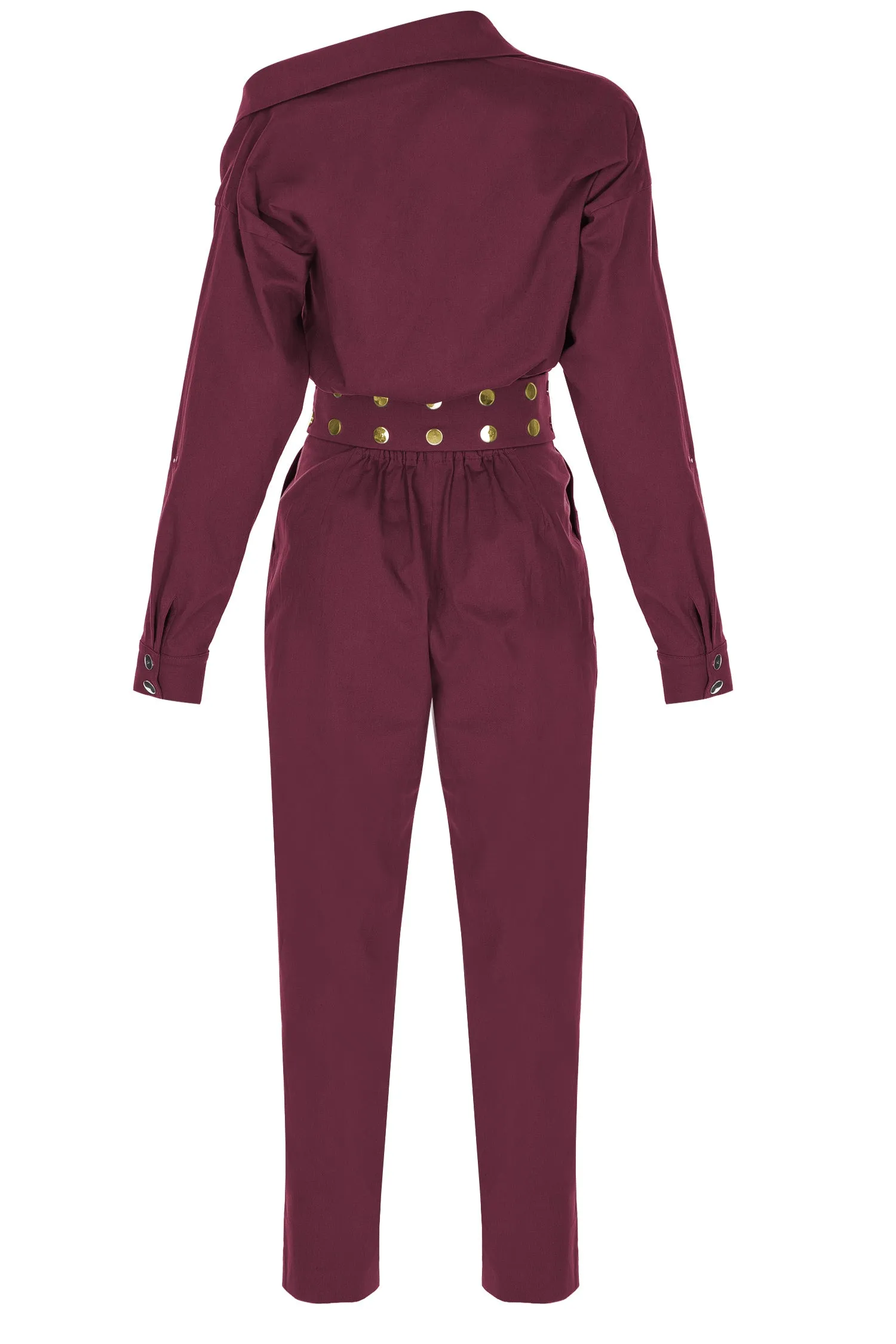 Burgundy Asymmetric-Neck, Long-Sleeved, Belt-Detailed Canvas Jumpsuit