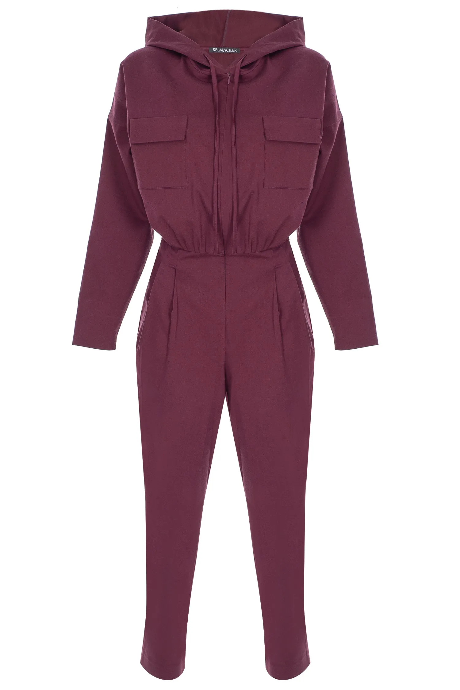 Burgundy Long-Sleeved, Hooded Canvas Jumpsuit