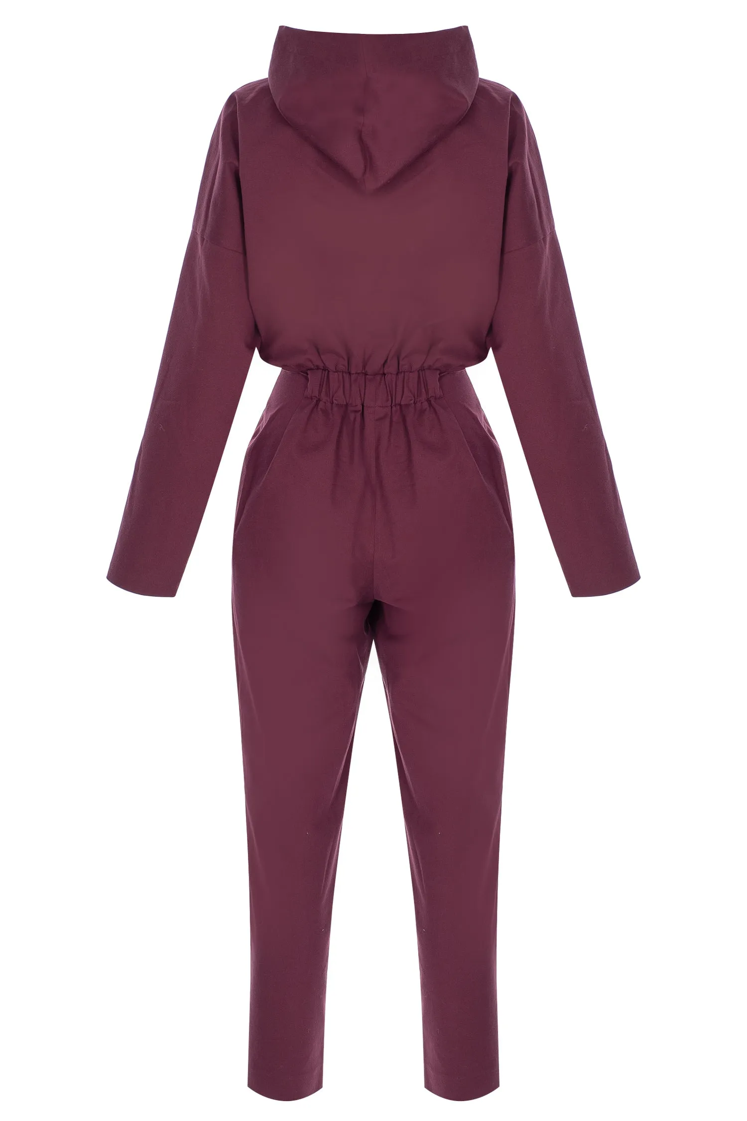 Burgundy Long-Sleeved, Hooded Canvas Jumpsuit