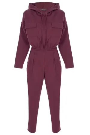 Burgundy Long-Sleeved, Hooded Canvas Jumpsuit