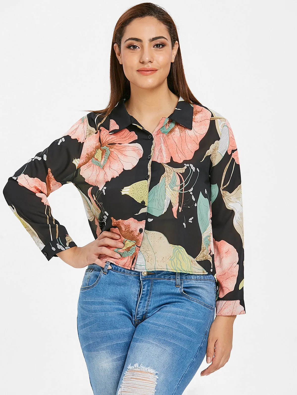 Button Down Floral Print Long Sleeve Plus Size Blouse