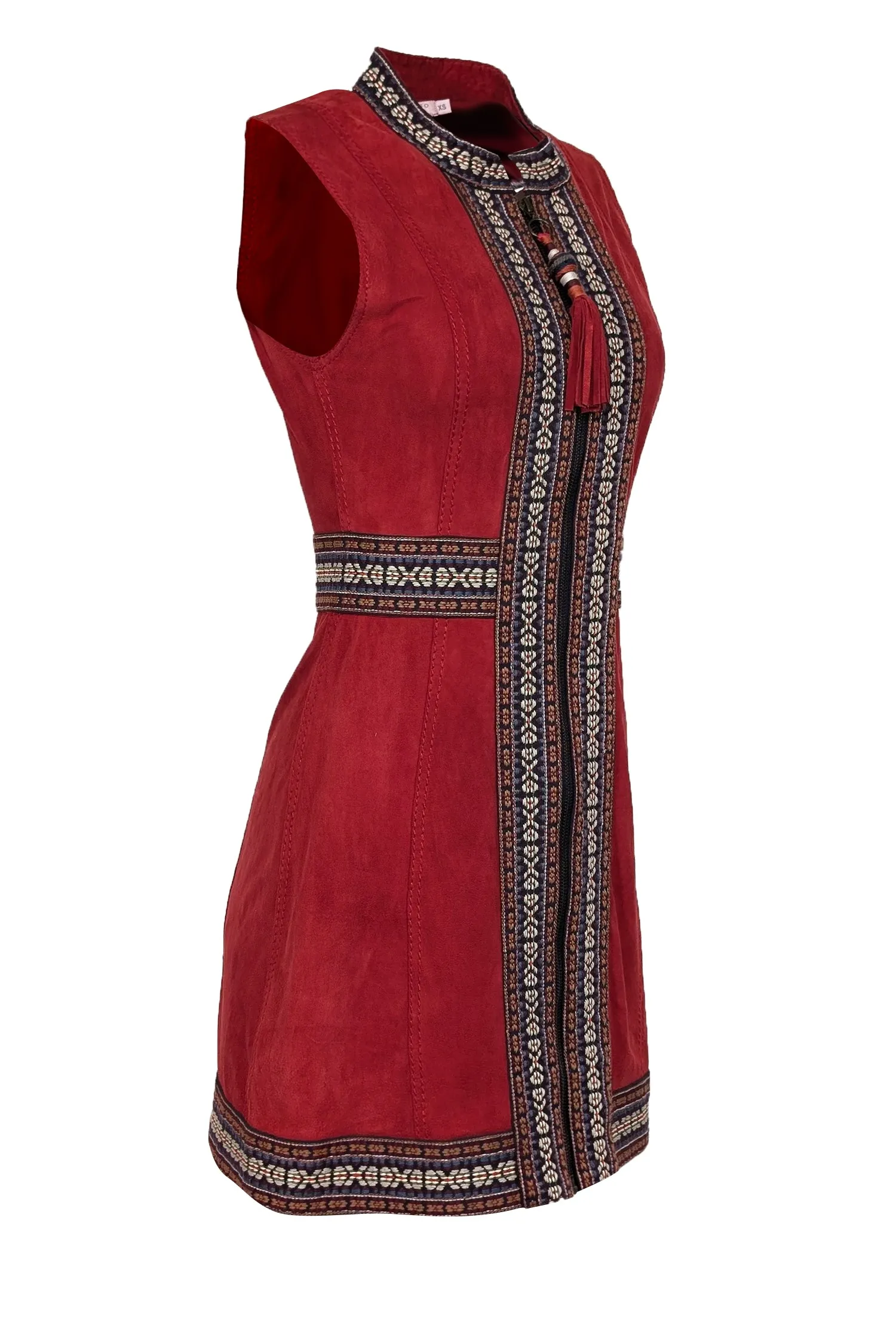 Calypso - Rust Red Suede Sleeveless Dress w/ Embroidered Trim Detail Sz XS