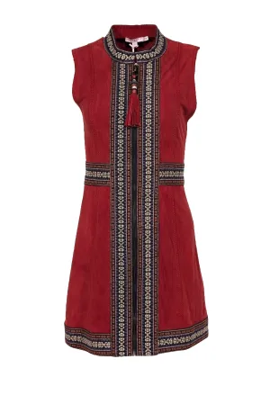 Calypso - Rust Red Suede Sleeveless Dress w/ Embroidered Trim Detail Sz XS