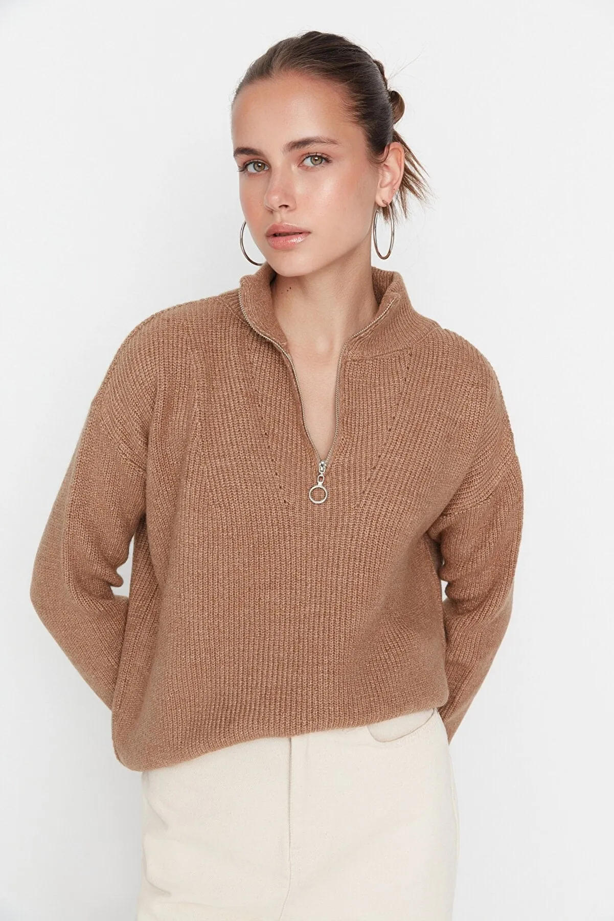 camel zip sweater top