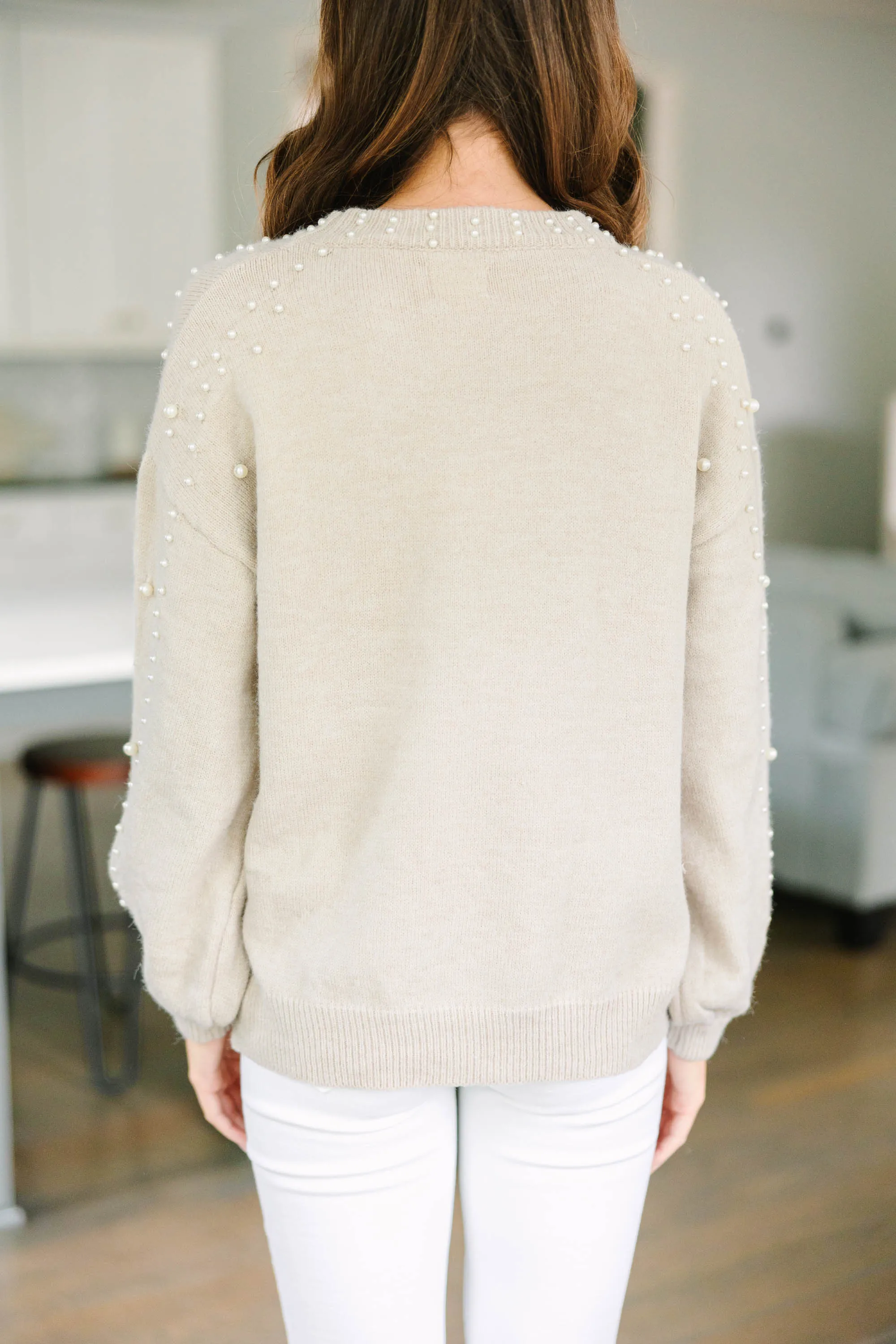Can't Help But Love Oatmeal Brown Pearl Studded Sweater