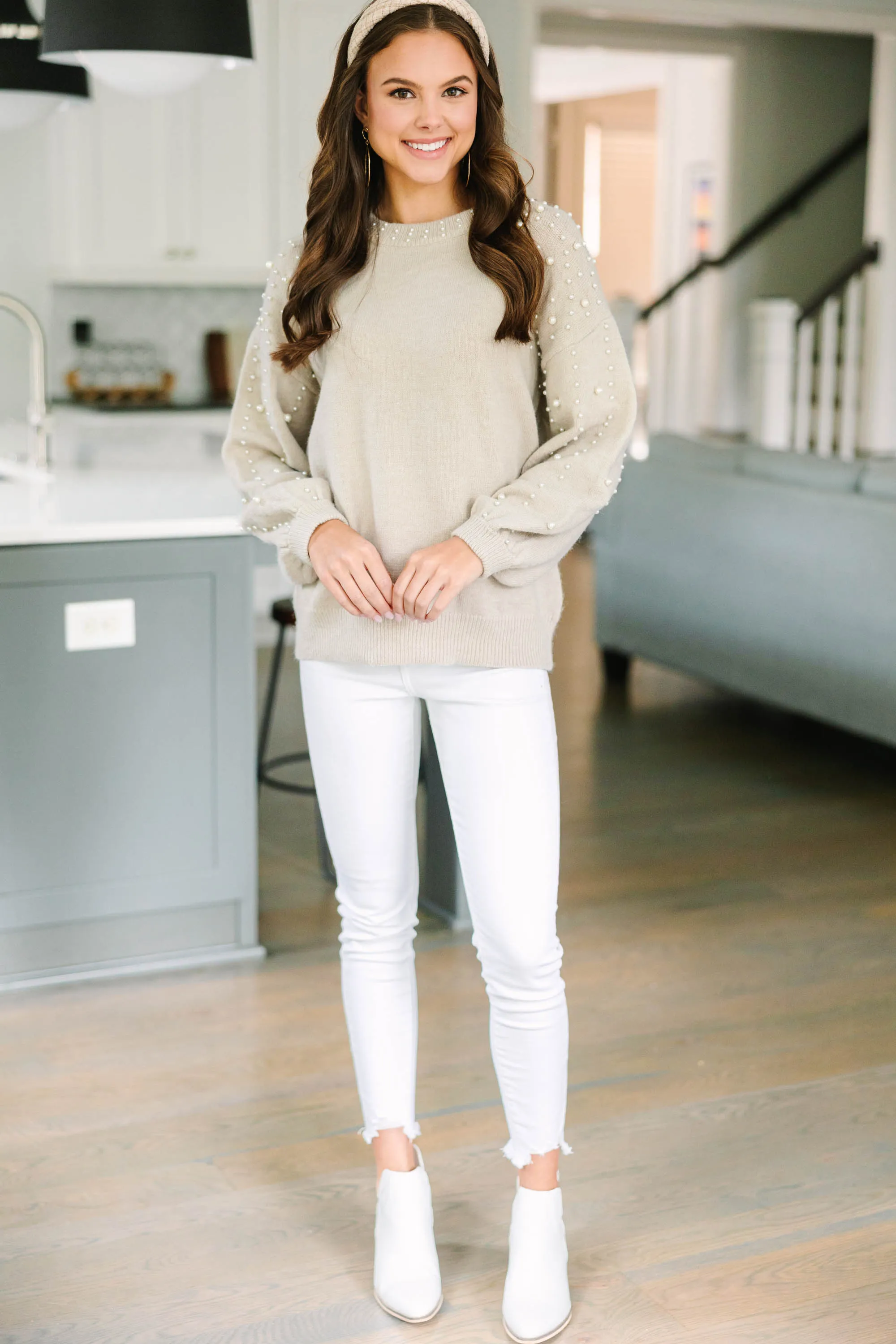 Can't Help But Love Oatmeal Brown Pearl Studded Sweater