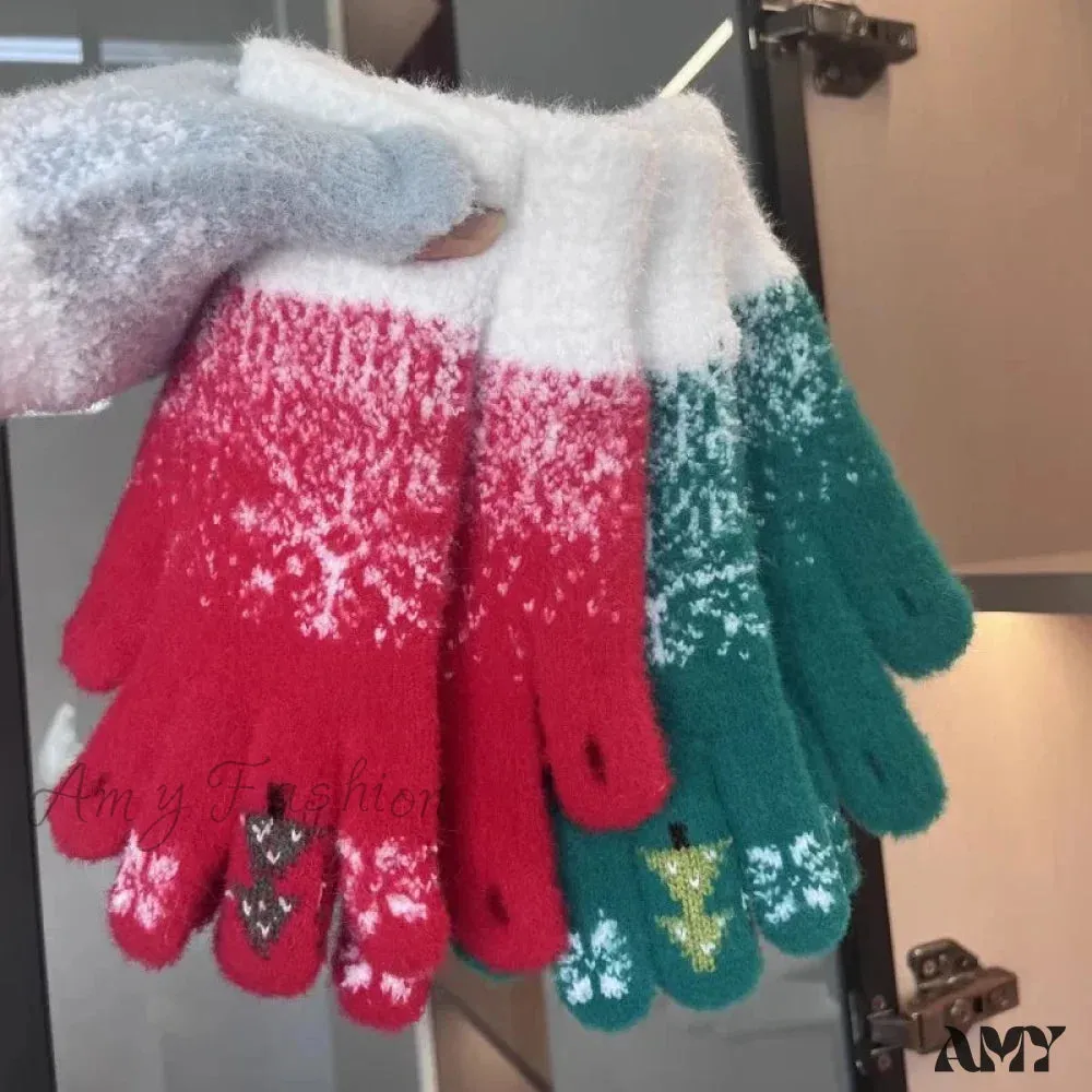 Cashmere Christmas Tree Knit Skiing Full Finger Plush Gloves