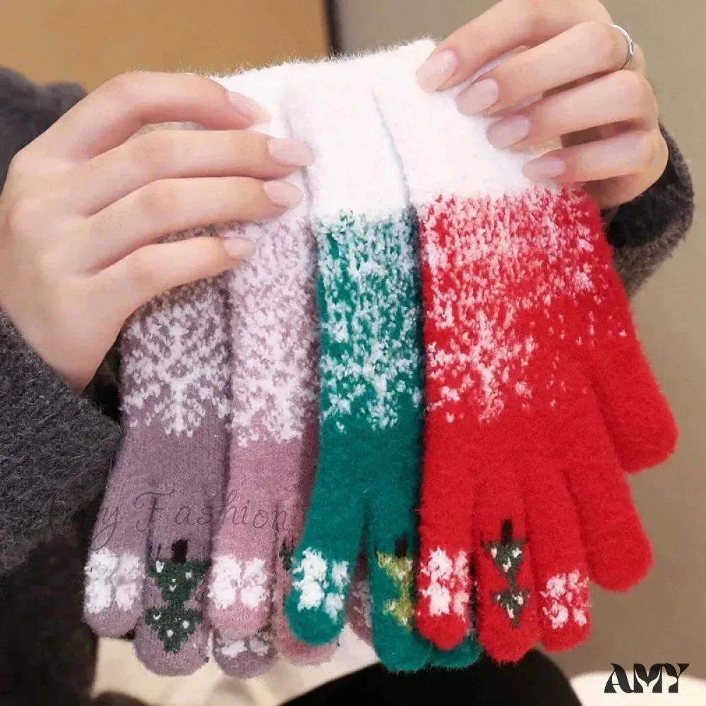 Cashmere Christmas Tree Knit Skiing Full Finger Plush Gloves