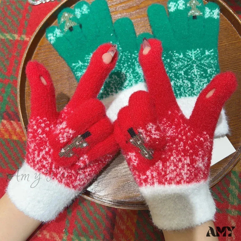 Cashmere Christmas Tree Knit Skiing Full Finger Plush Gloves