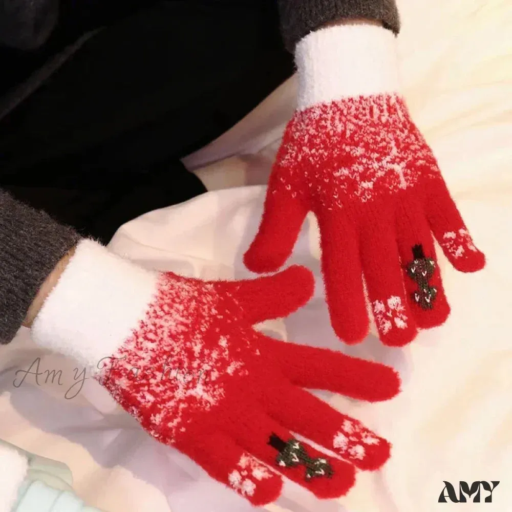 Cashmere Christmas Tree Knit Skiing Full Finger Plush Gloves